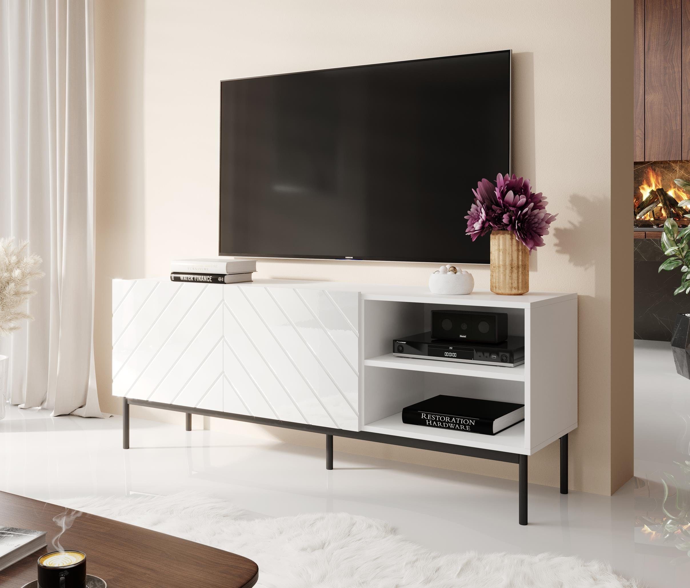 Furnix TV-Schrank ODELIA GESTELL 150/200 Fernsehschrank mit Ziertüren B150 bzw. 200 x H52 x T41,6 cm Weiß Glanz