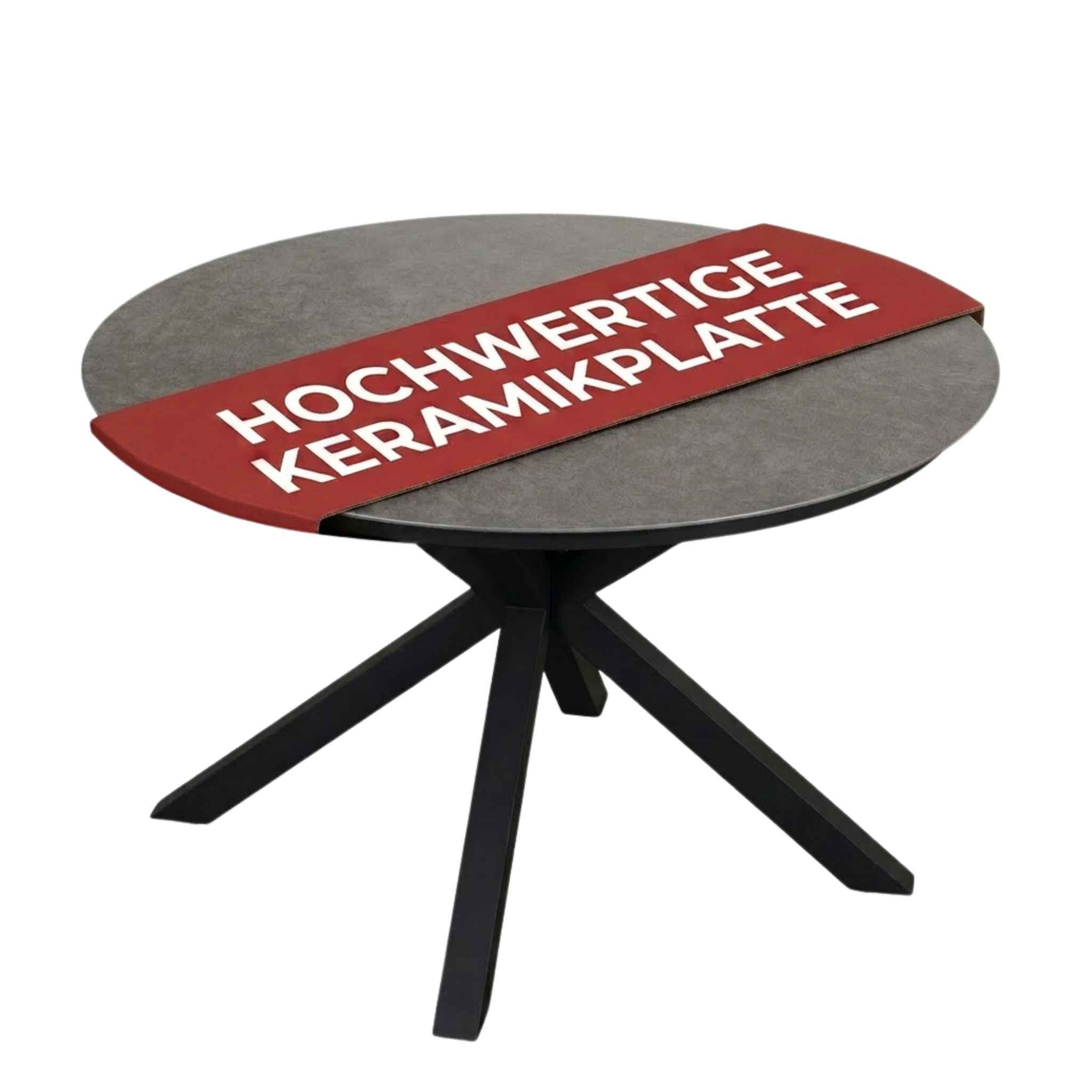 MR.DEKO Gartentisch rund Almeria – Ø120 cm, Aluminium, Keramikoptik, hellgrau (Aluminium-Tisch mit gesintertem Stein – ideal für Outdoor & Balkon, 1-St), Wetterfest & kratzfest – höhenverstellbar, stabile Tischplatte