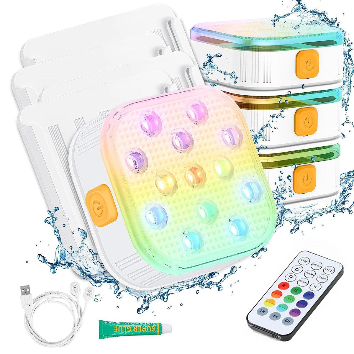DOPWii Pool-Lampe 4-teilige wiederaufladbare Schwimmbadleuchte mit Fernbedienung, Wandleuchte mit 16 Lichtfarben und 6 RGB-Modi, IP68 wasserdicht