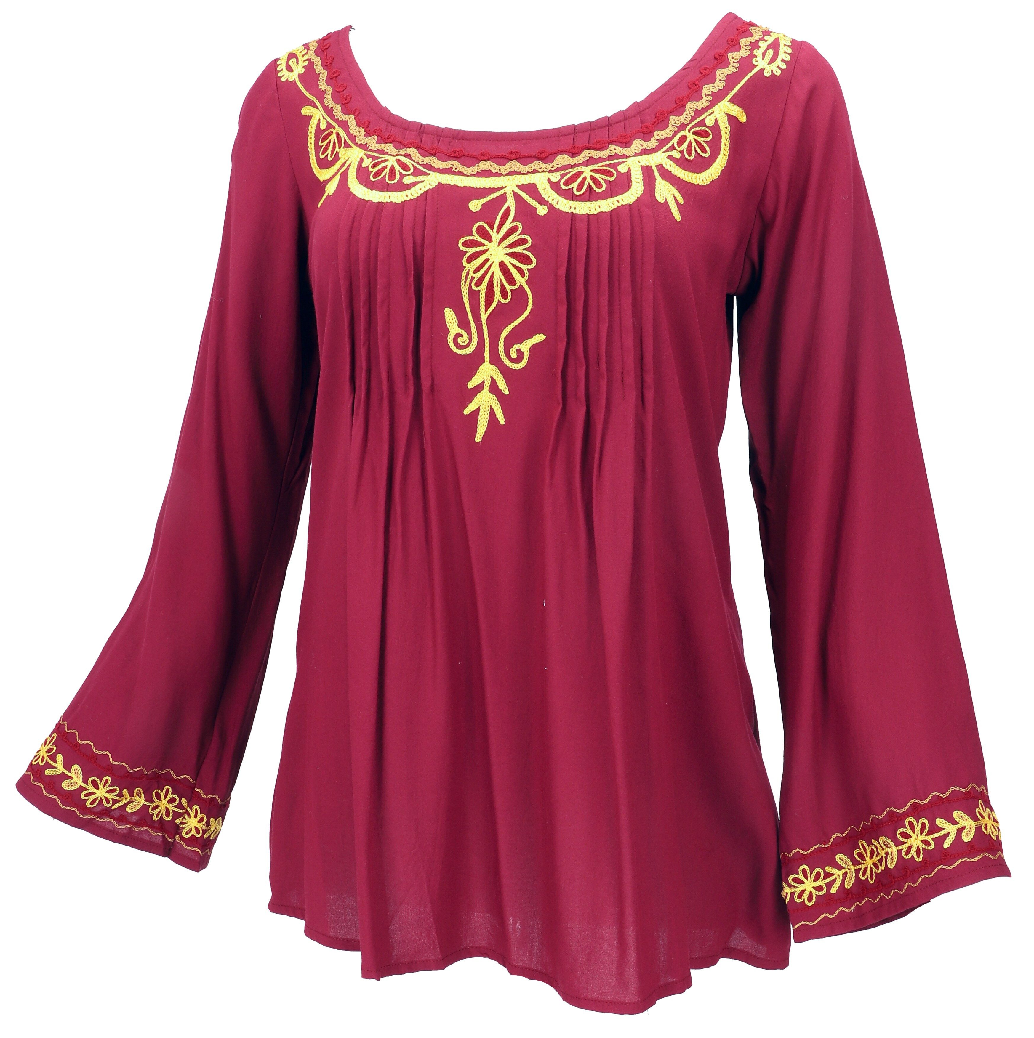 Guru-Shop Longbluse Bestickte Elfenbluse, Boho Damenbluse - weinrot alterna günstig online kaufen