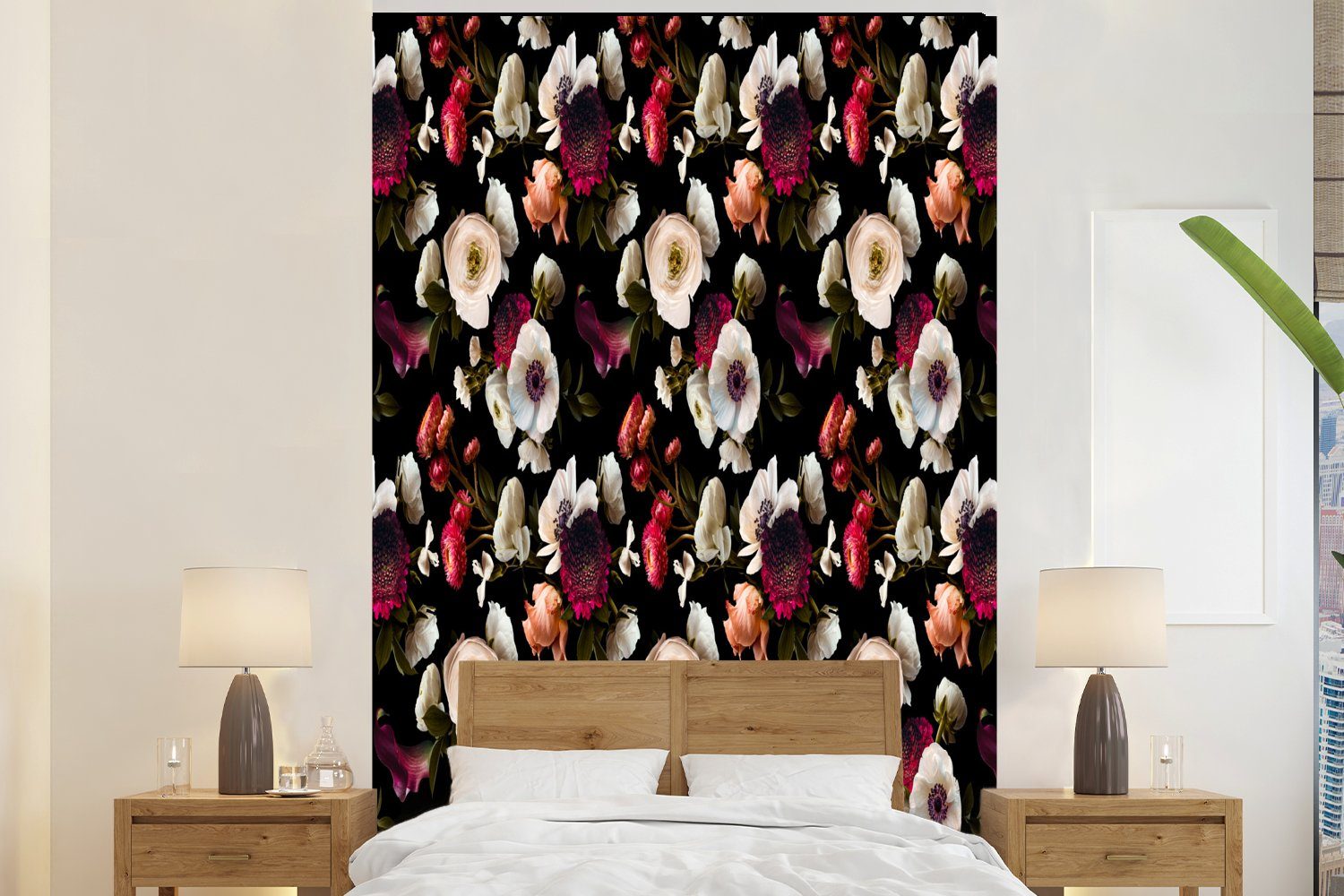 MuchoWow Fototapete Blumen - Anemone - Collage - Farbe, Matt, bedruckt, (3 St), Montagefertig Vinyl Tapete für Wohnzimmer, Wandtapete