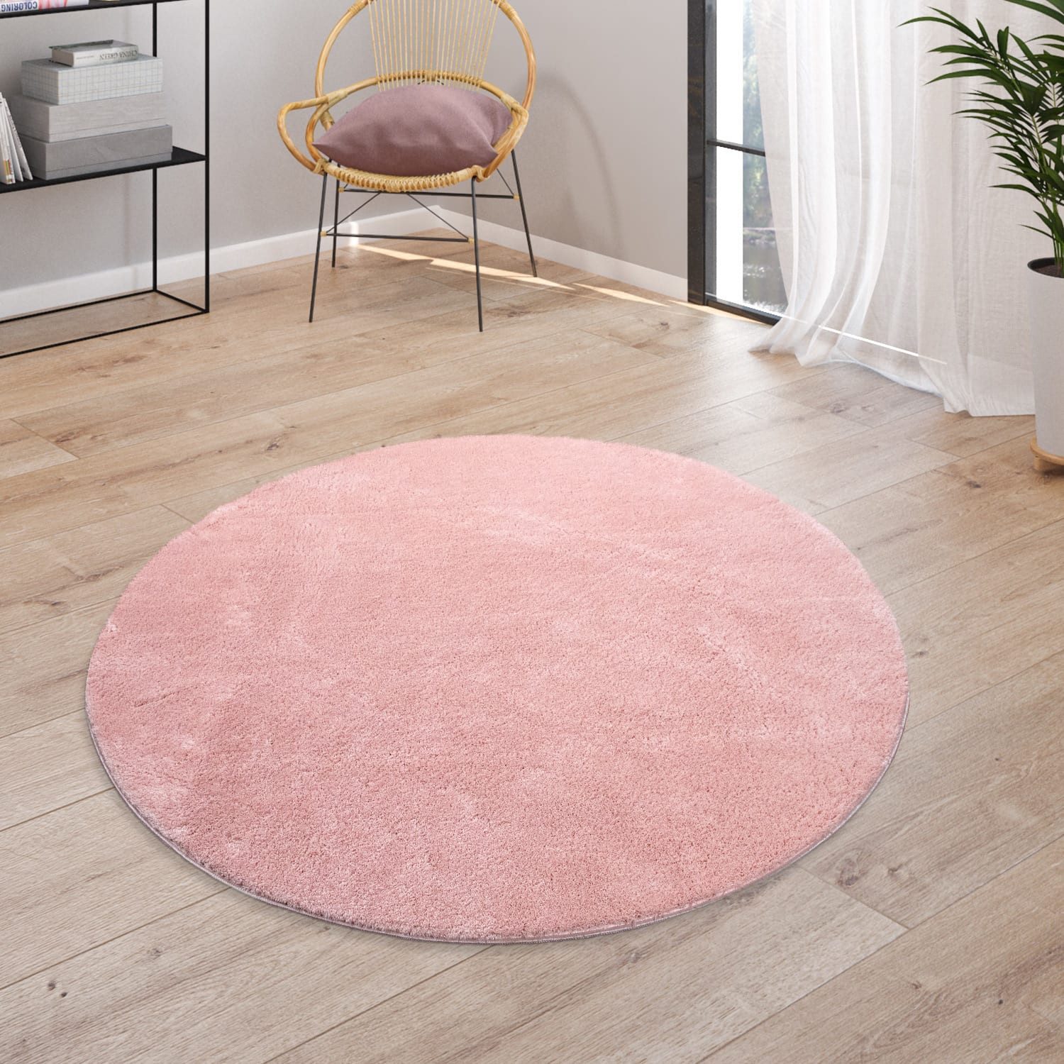 KADIMA DESIGN Teppich waschbar Unifarben Wohnzimmer schmutzabweisend Teppich Kurzflor, Rund, Höhe: 14 mm, Florhöhe: 10 mm, Polyester, Rücken aus Felt + Dots, Rund 80D Hellrosa