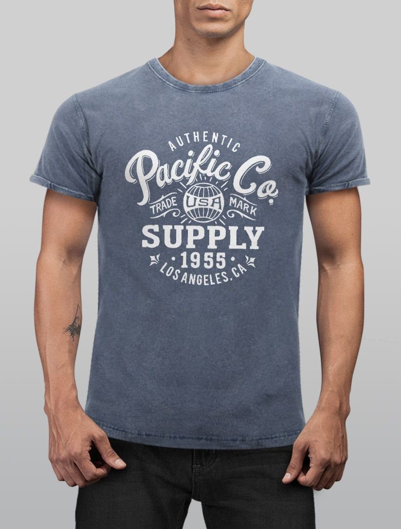 Neverless T-Shirt Vintage Print-Shirt Neverless® Shirt Used Washed blau Herren Print mit Retro Aufdruck