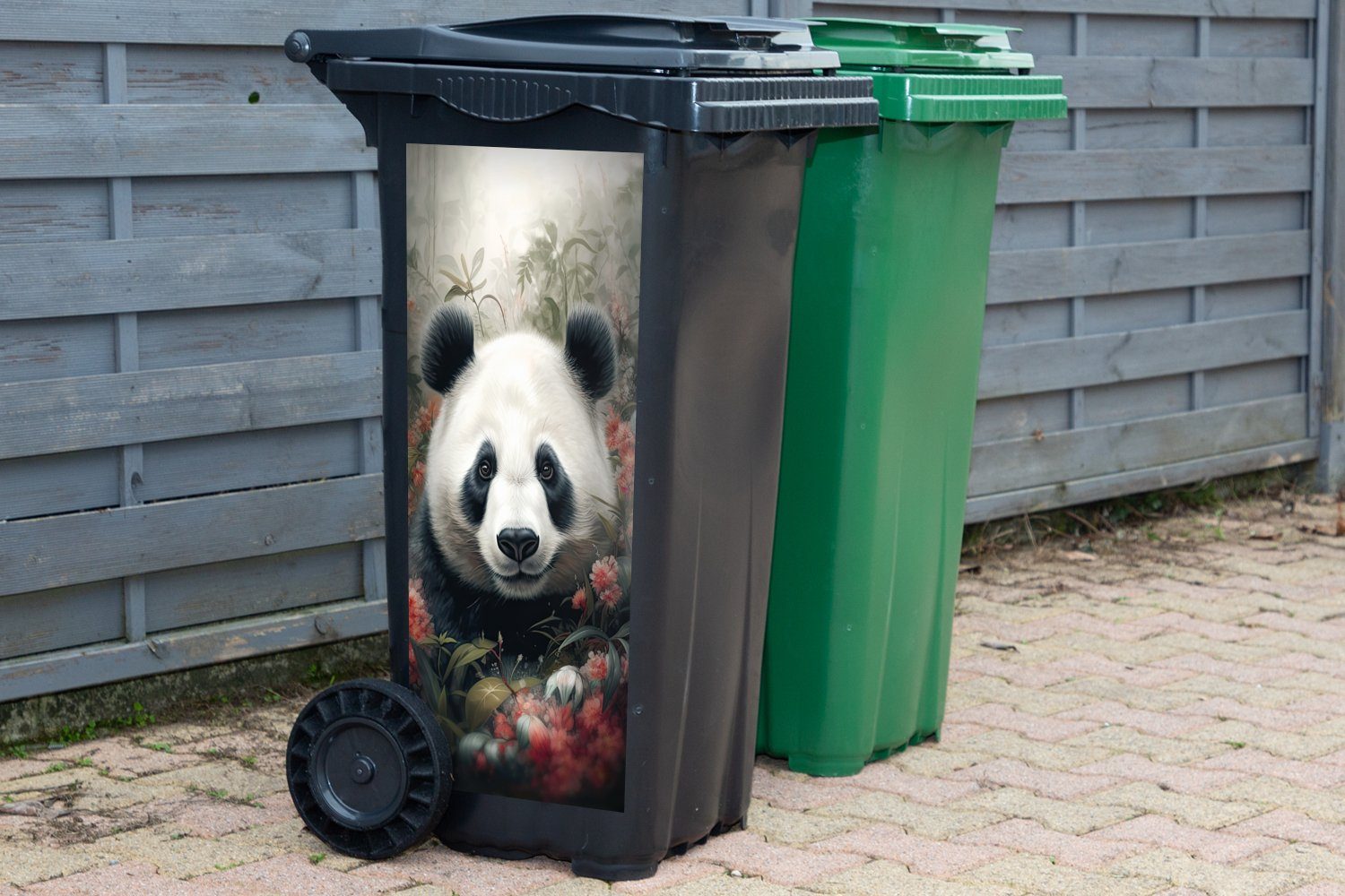 MuchoWow Wandsticker Panda - Wildtiere Container, Sticker, Natur Abfalbehälter Blumen - St), - Mülltonne, (1 Mülleimer-aufkleber