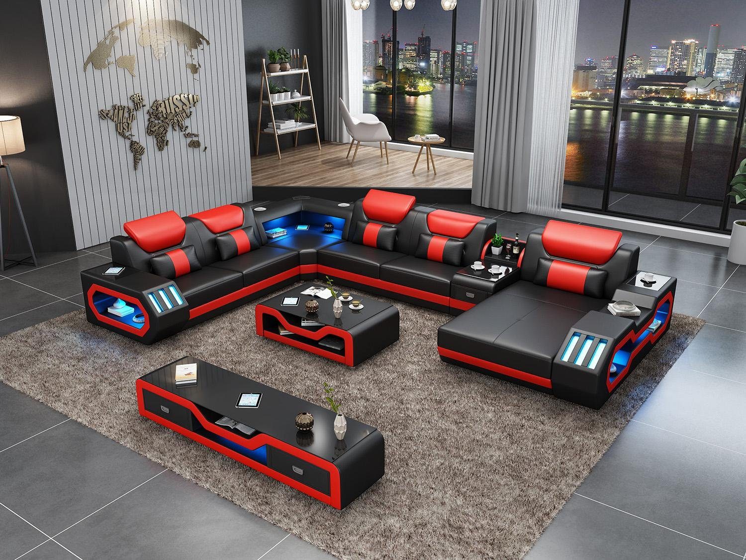 Big mit Sofa Form USB Ecksofa Ecksofa, Schwarz/Rot JVmoebel Design Couch Wohlandschaft U