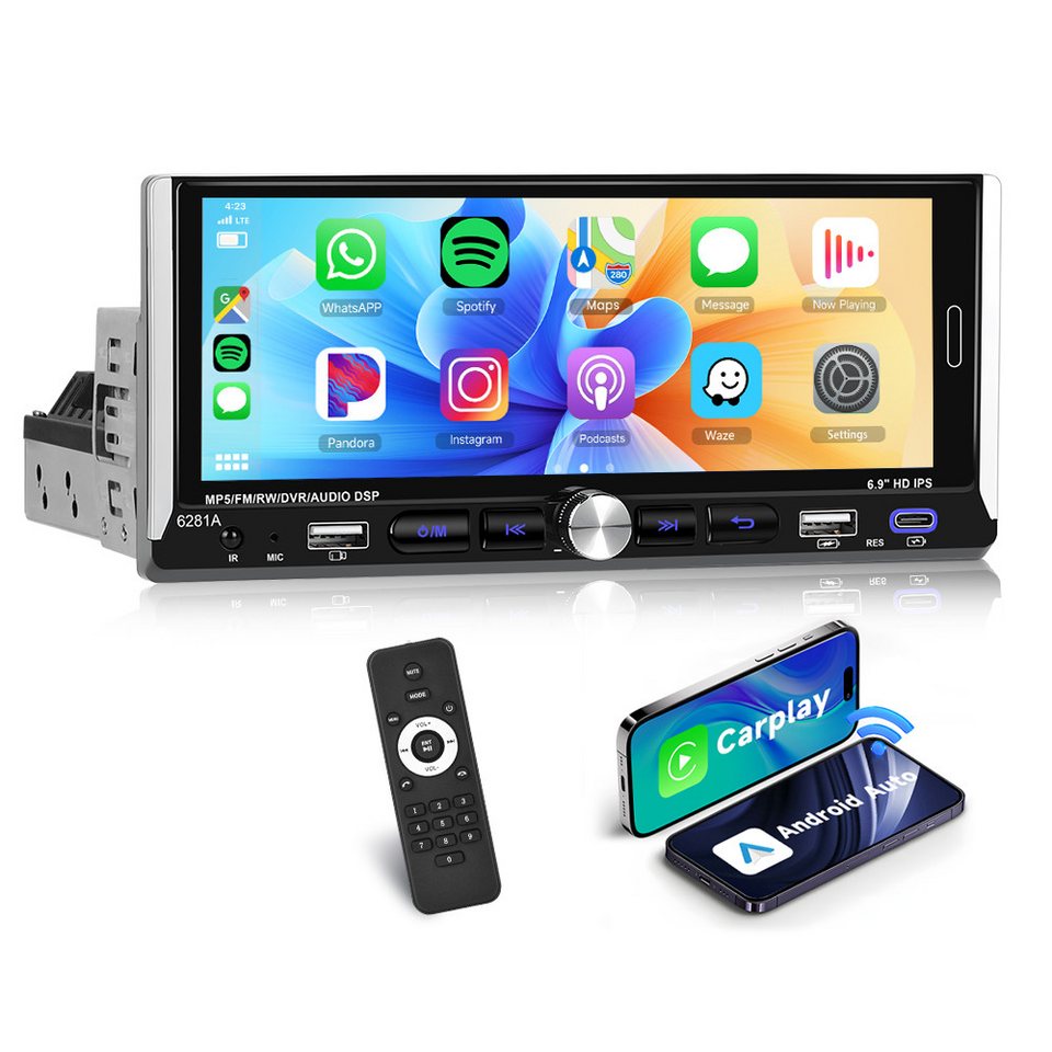 Android 69 Hikity 1 DIN 1+32G Carplay mit drahtlosem Android 6,9-Zoll-Touchscreen ...