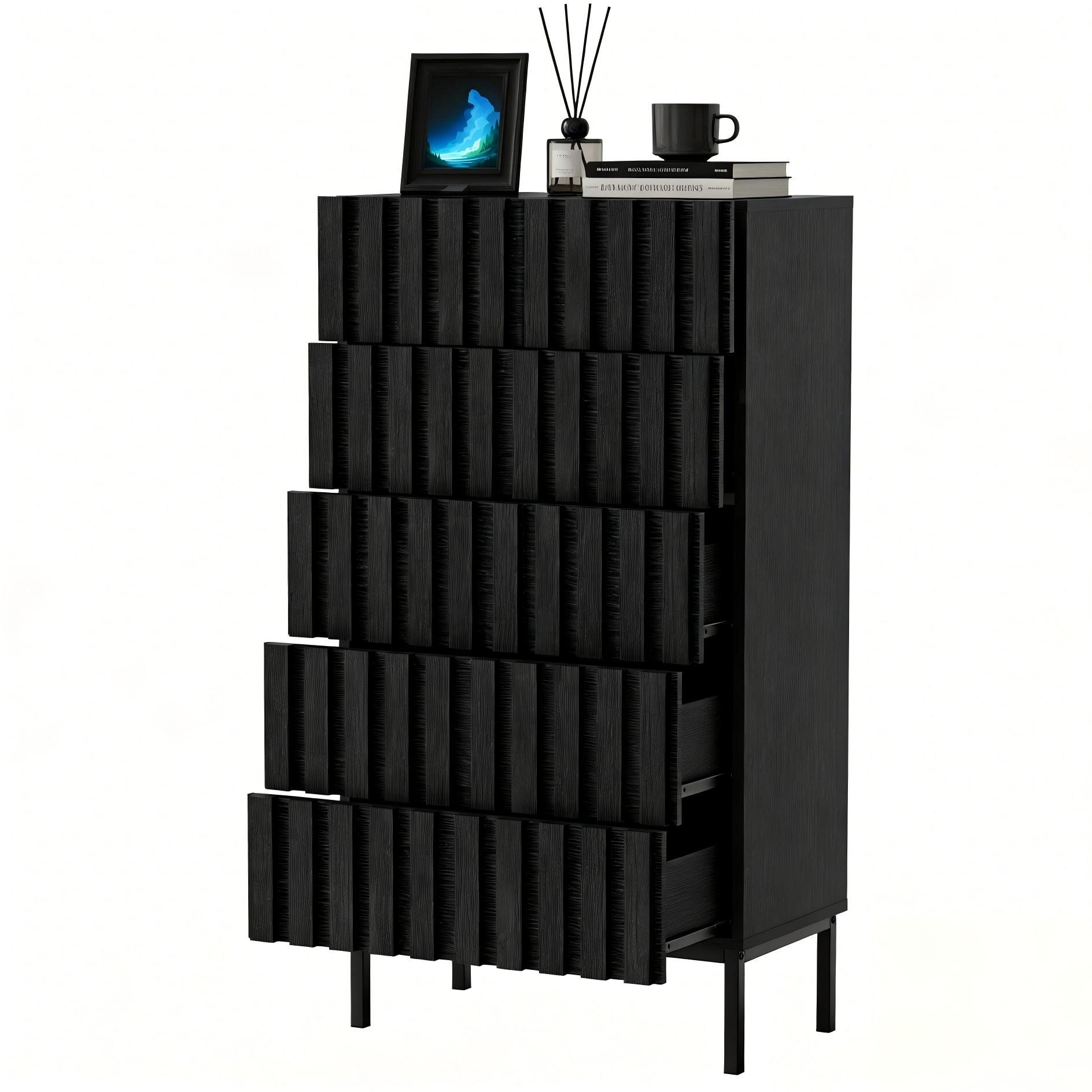 UEV Kommode schmal mit 4/5 Schublanden, Sideboard Beistellschrank Buffet (Aufbewahrungskommode, Mehrzweckschrank aus Holz(Natur/Schwarz/Dunkelbraun), Schrank für Wohnzimmer Schlafzimmer Flur