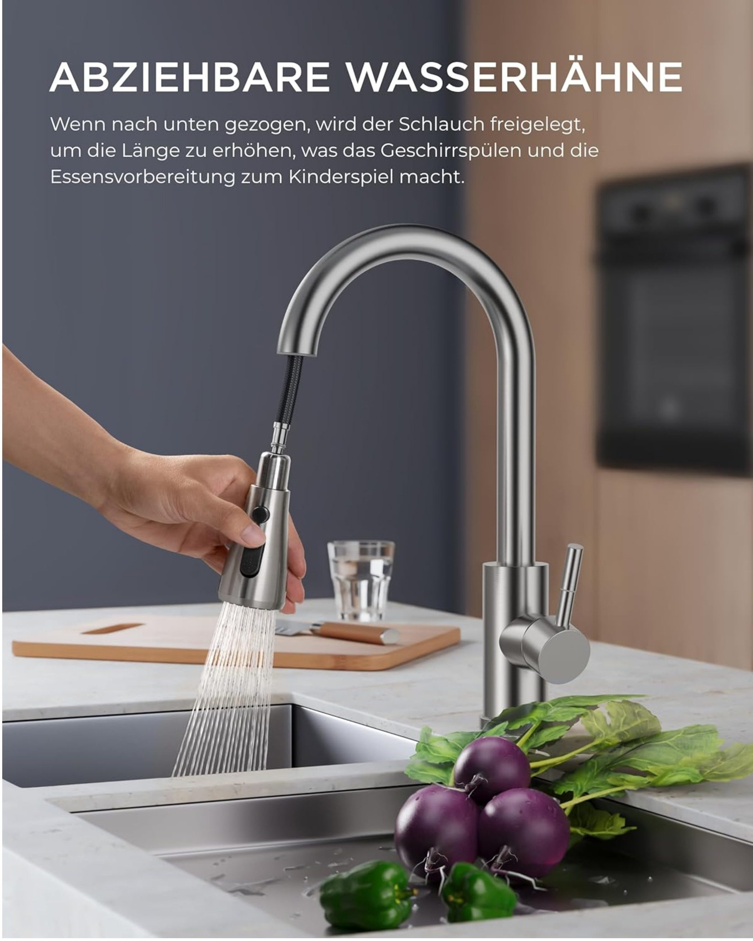 RUHE Küchenarmatur Wasserhahn Küche Hochdruck Küchenarmatur Herausziehbarer Brause 2 Modi (Armaturenset, 1-St., Set inklusive Küchenarmatur ausziehbarer Brause und Gegengewicht) Ausziehbare Edelstahl-Brause 360° schwenkbar G 3/8 Hochdruck