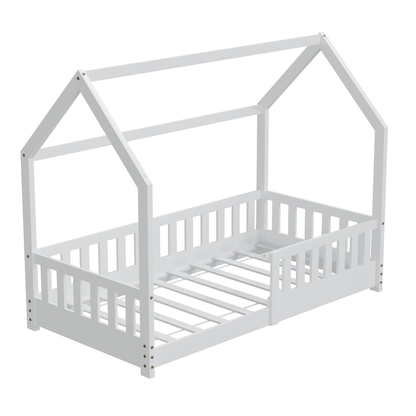 Kinderbett 80x160cm Weiß Hausbett Dach Rausfallschutz Massivholz Kiefer Spielbett