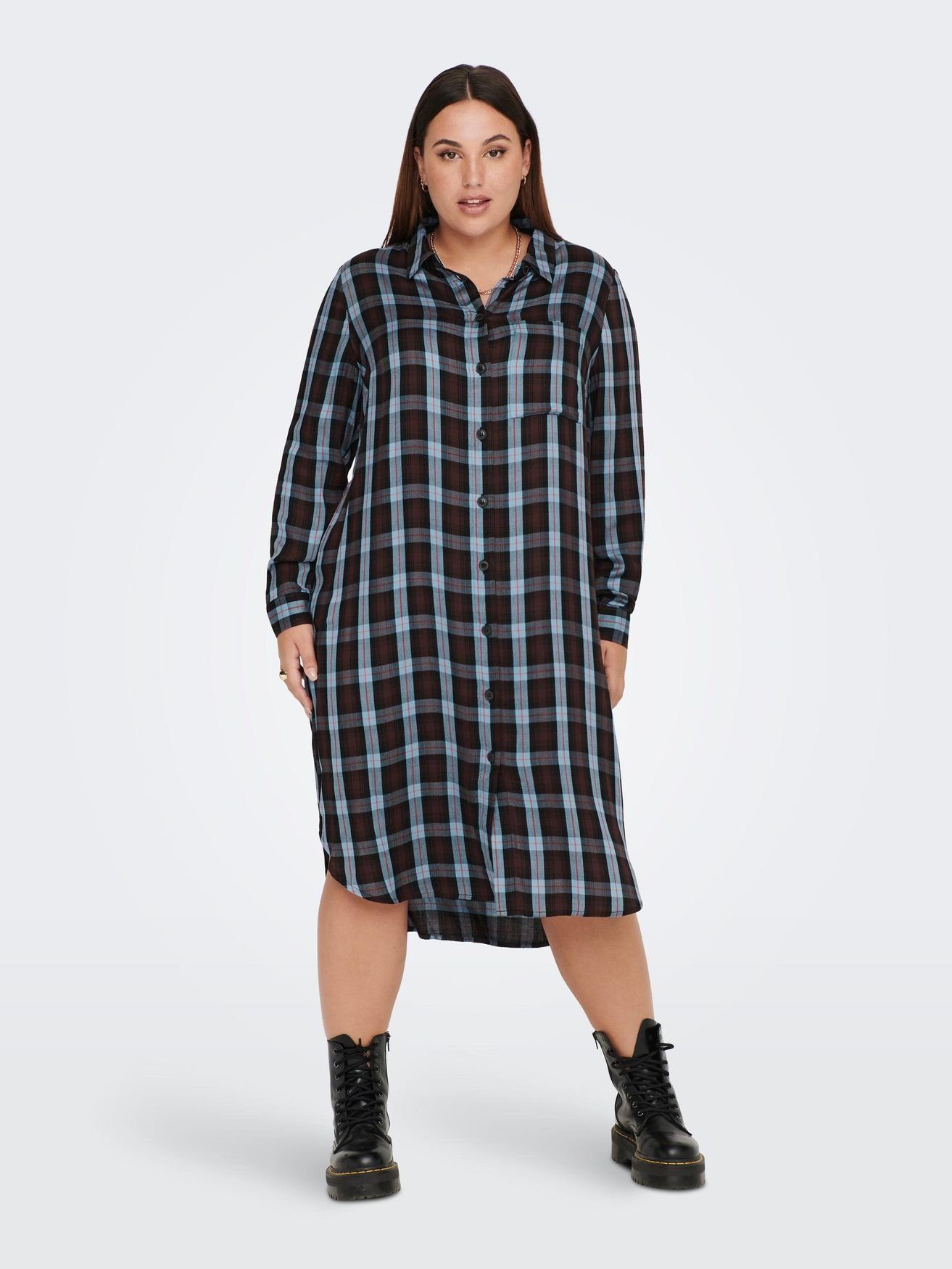 Size Plus Schwarz-Blau Kleid Kariertes Holzfäller in ONLY Shirtkleid 4571 Midi (lang) CARMAKOMA Design Übergröße