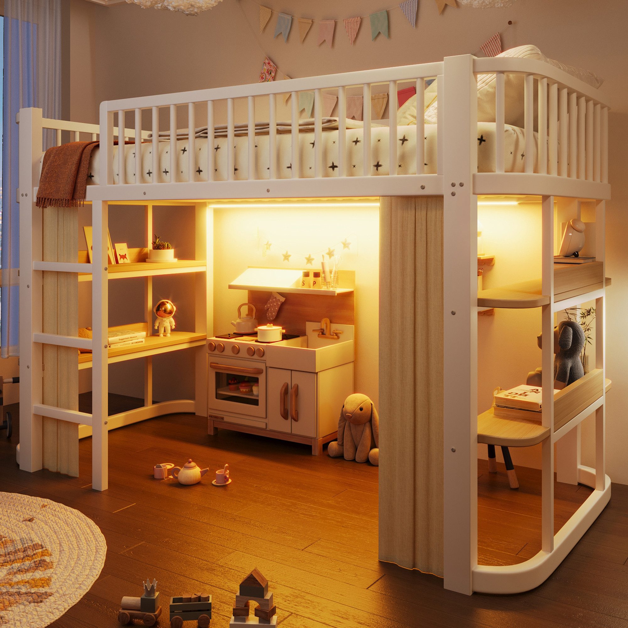 Merax Hochbett 90x200cm mit Verdunkelungsvorhängen und LED-Beleuchtung (1-St., Jugendbett Einzelbett) Metallbett Kinderbett mit Ablagefächern, Geländer, Stauraum unter Bett