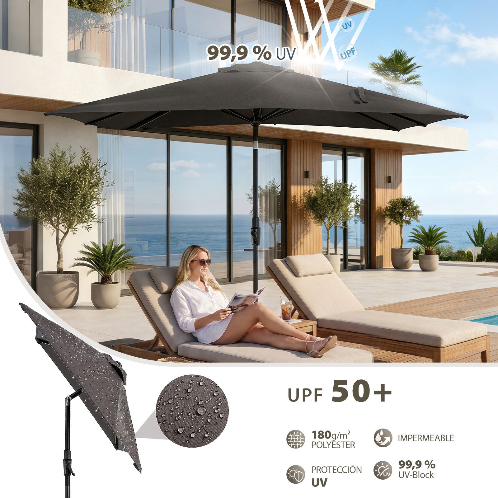 Sekey Sonnenschirm Rechteckig Marktschirm Neigbar mit Kurbel Sonnenschirm Groß, LxB: 300x200 cm, Sonnenschirm 300 x 200 cm, Gartenschirm Outdoor Wetterfest, Knickbar