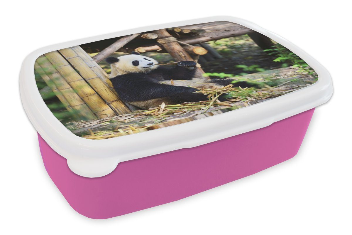MuchoWow Lunchbox Panda - Holz - Bambus, Kunststoff, (2-tlg), Brotbox für Erwachsene, Brotdose Kinder, Snackbox, Mädchen, Kunststoff rosa