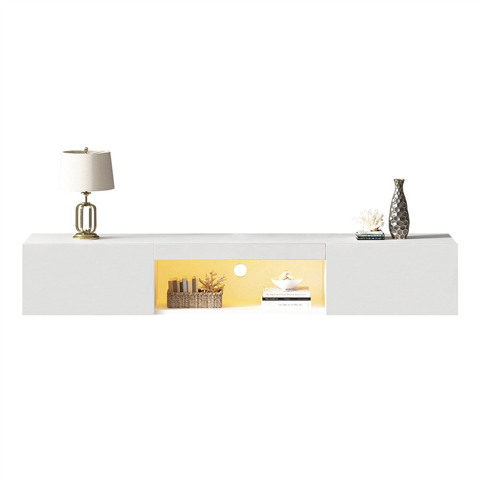 Sweiko Lowboard TV-Board Weißer Hochglanz-Hängeschrank (TV-Ständer für 70-Zoll-TV mit LED-Beleuchtung, mit offenen Fächer und zwei Schuladen), Breite: 160cm, hochglanz