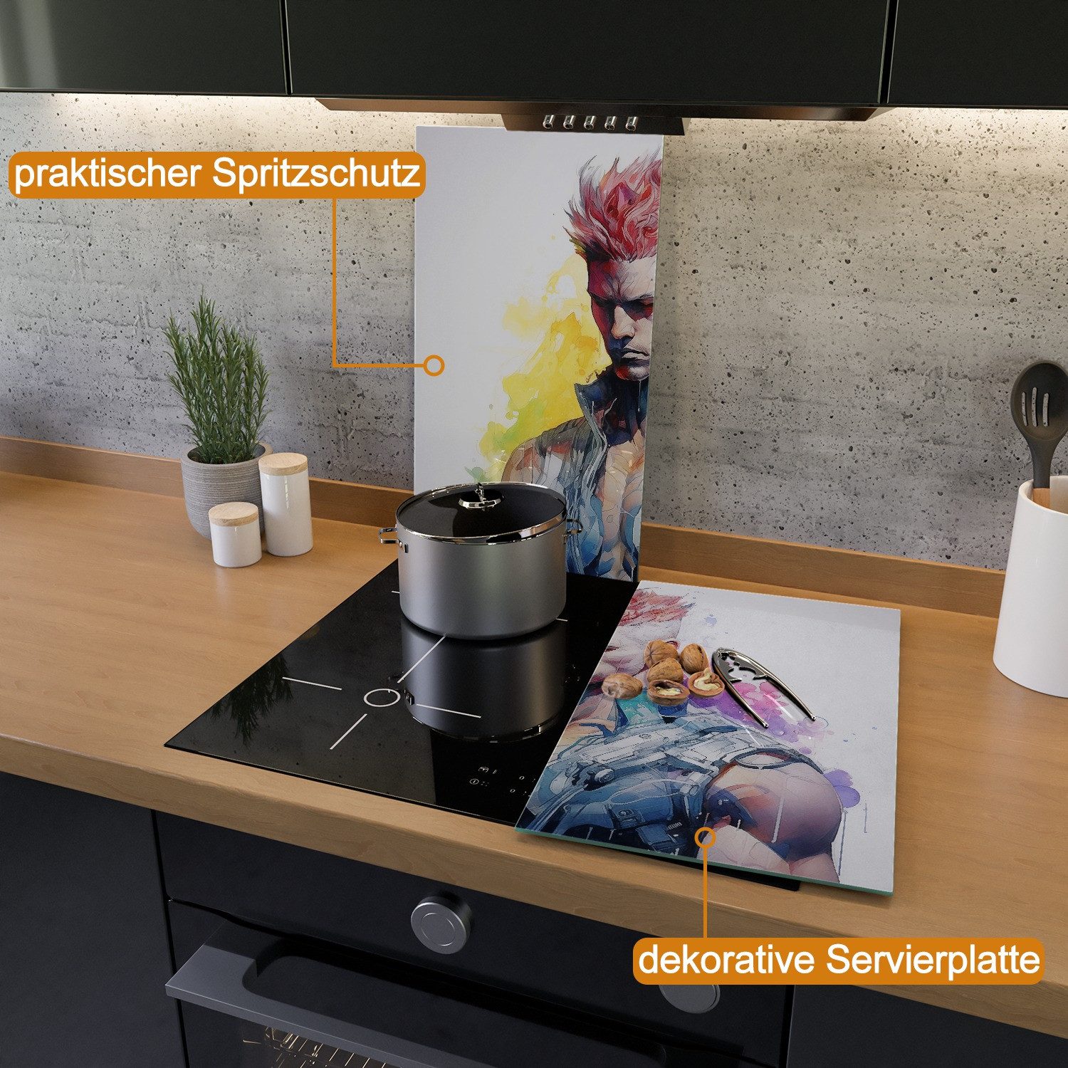 Wallario Herd-Abdeckplatte Bunter Krieger, ESG-Sicherheitsglas, (Glasplatte, 2 tlg., inkl. 5mm Noppen), verschiedene Größen