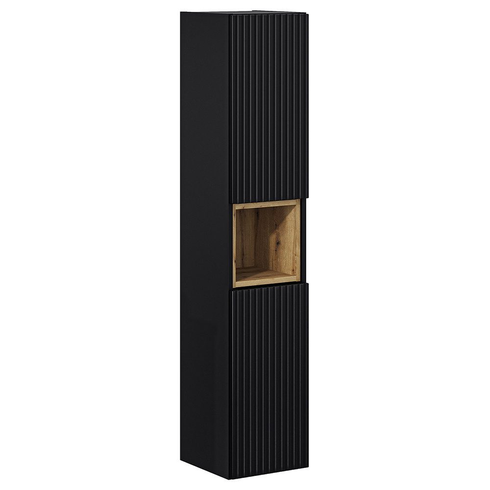 Lomadox Hochschrank NEWPORT-56-BLACK Schwarz Rillen Fach Eiche Dekor 30 cm grifflos Türen mit Softclose