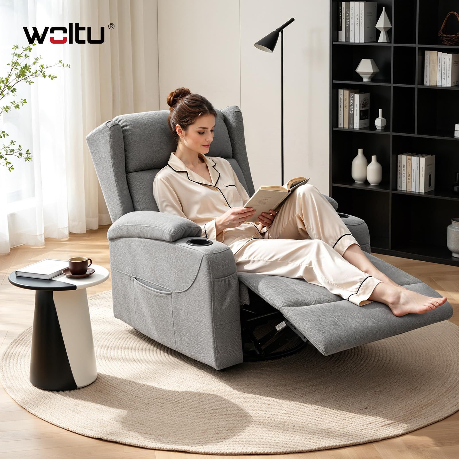 Woltu Relaxsessel, Fernsehsessel mit Liegefunktion,mit Tasche, 360° drehbar, PU