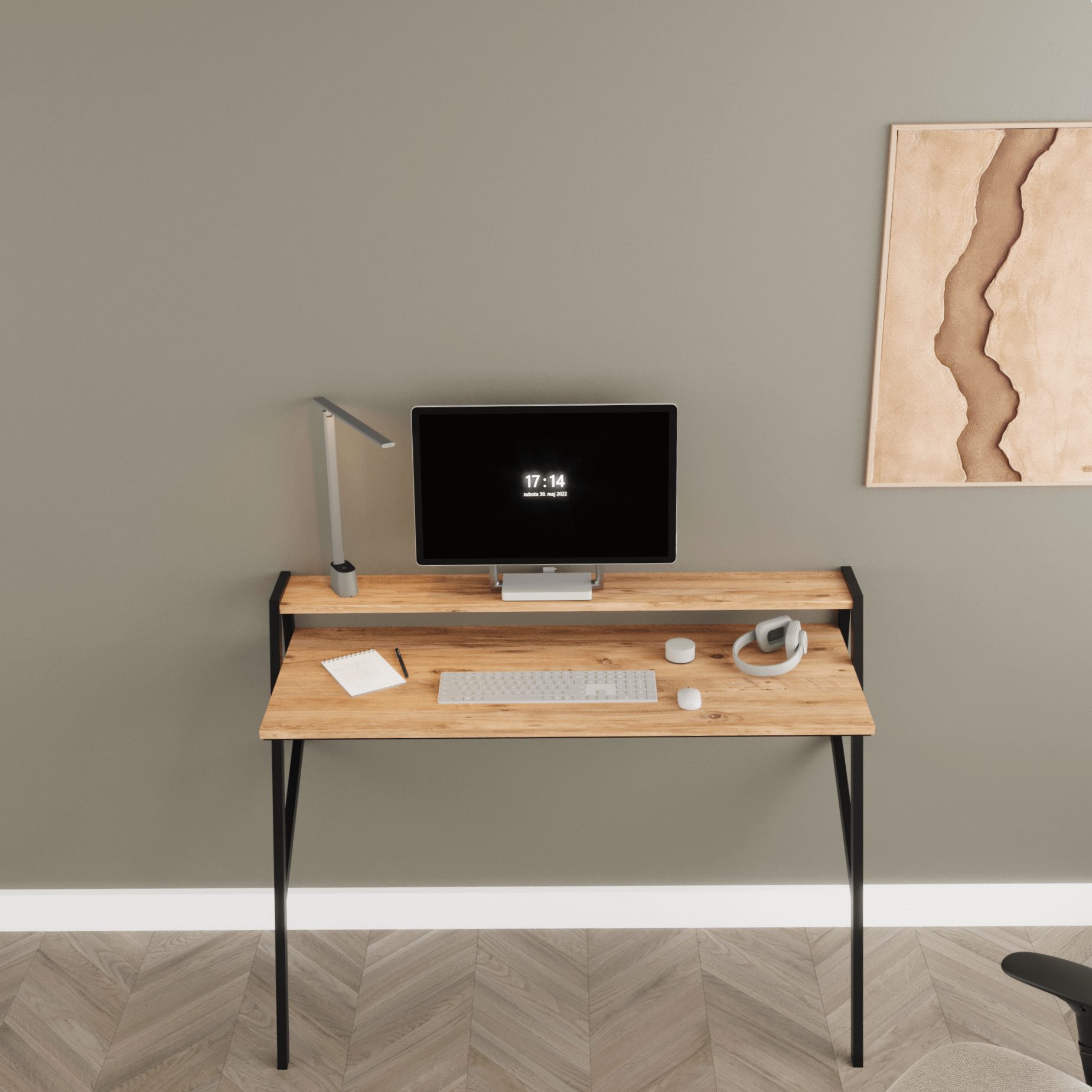 BDR Smart Home Art Schreibtisch Flamingo Schreibtisch mit Metallfüßen, Pine & Schwarz Stabil & Modern