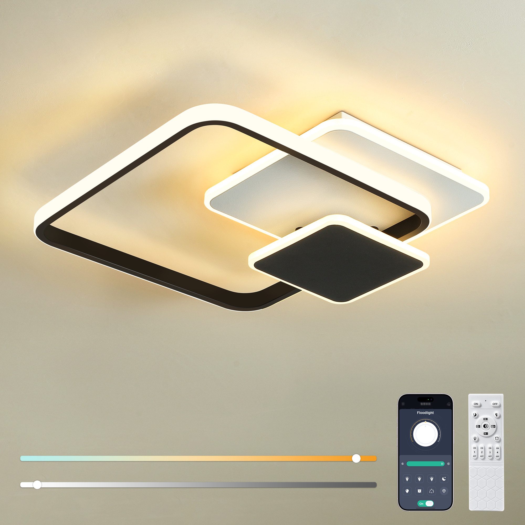 BlingBin LED Deckenleuchte dimmbar im 3Quadrat-Design, 35 W, Deckenlampe mit Bluetooth-App, 3Quadrat-Design, LED fest integriert, Warmweiß, Kaltweiß, Neutralweiß, 38,5 cm, weiß/Schwarz für Wohnzimmer, Schlafzimmer, Esszimmer