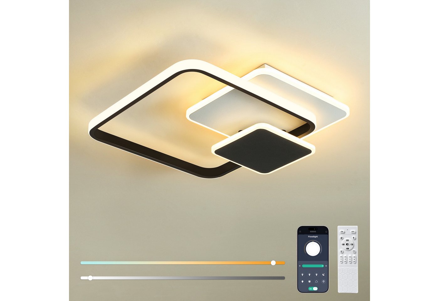 BlingBin LED Deckenleuchte dimmbar im 3Quadrat-Design, 35 W, Deckenlampe mit Bluetooth-App, 3Quadrat-Design, LED fest integriert, Warmweiß, Kaltweiß, Neutralweiß, 38,5 cm, weiß/Schwarz für Wohnzimmer, Schlafzimmer, Esszimmer