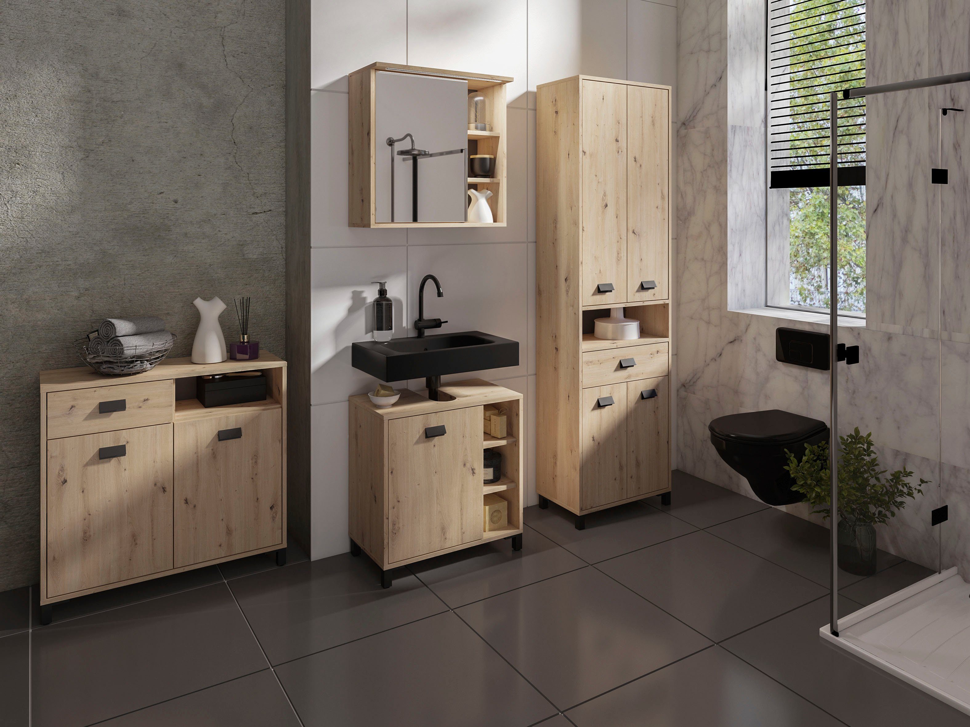 byLIVING Badmöbel-Set Wellness, (Komplett-Set, 2-St., 2-tlg), praktisches 2er-Set mit LED Beleuchtung und viel Stauraum