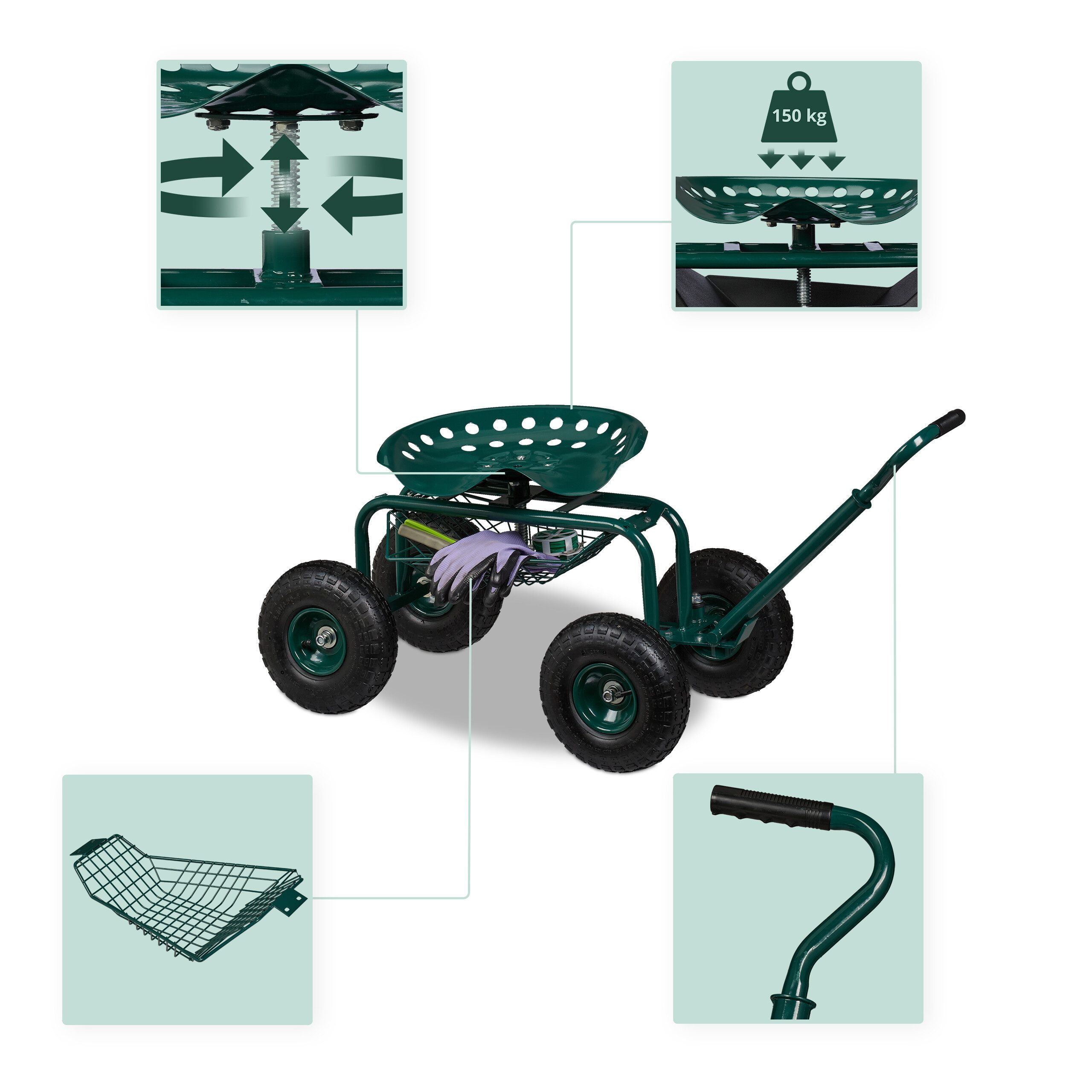relaxdays Rollsitz Fahrbarer Gartensitz mit Stauraum, grün