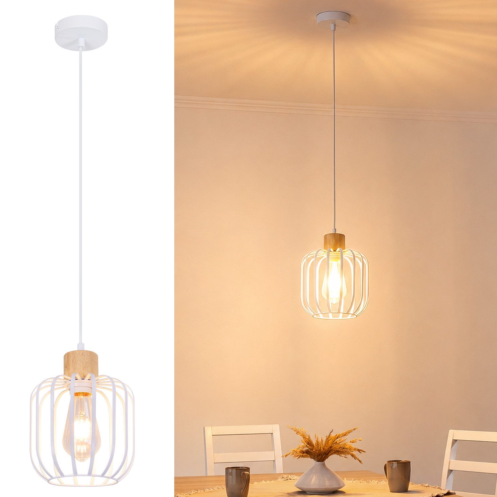 Nettlife Pendelleuchte Weiß/grau 1/3flammig Holz moderne Hängelampe E27 Fassung, ohne Leuchtmittel, für Esstisch Wohnzimmer Küche Flur Kücheninsel