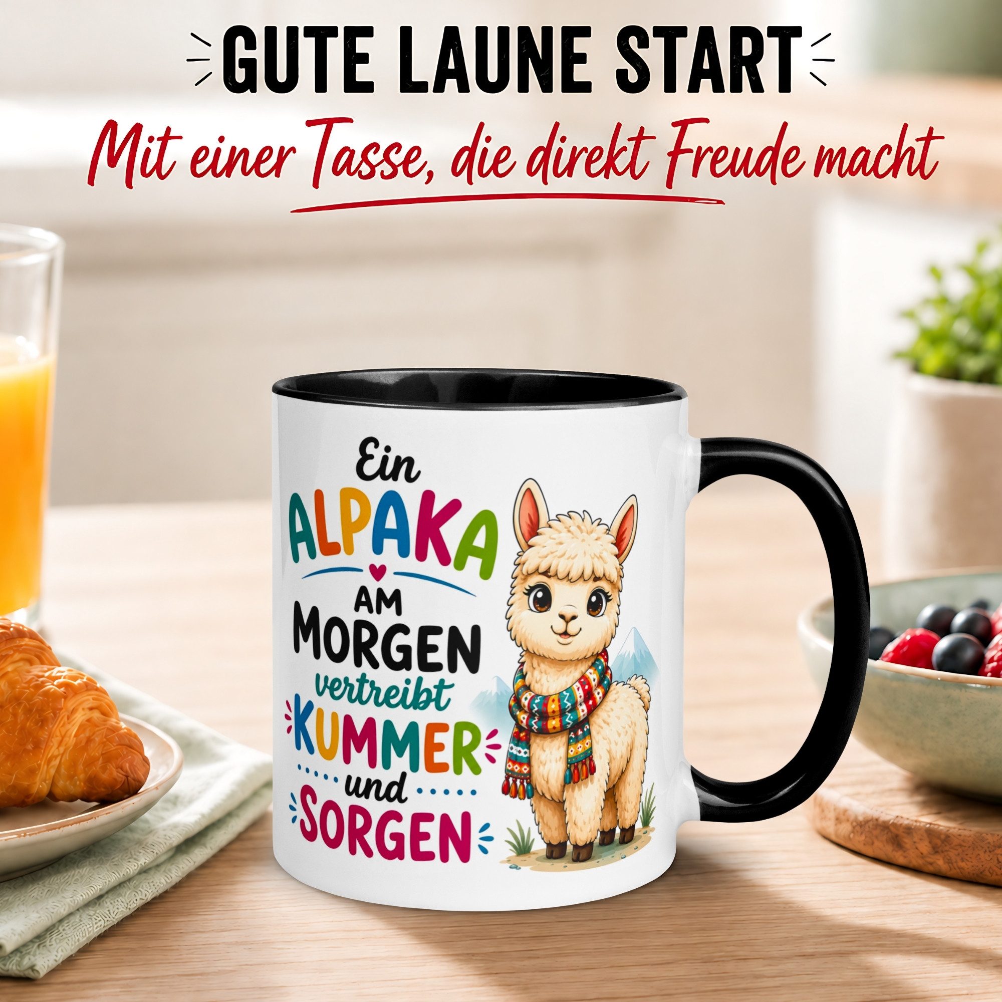 Momentals Tasse Alpaka – „Ein Alpaka am Morgen“ – lustiger Lama Geschenk Becher, Gratis Versand · Links-&Rechtshänder · Spülmaschinenfest
