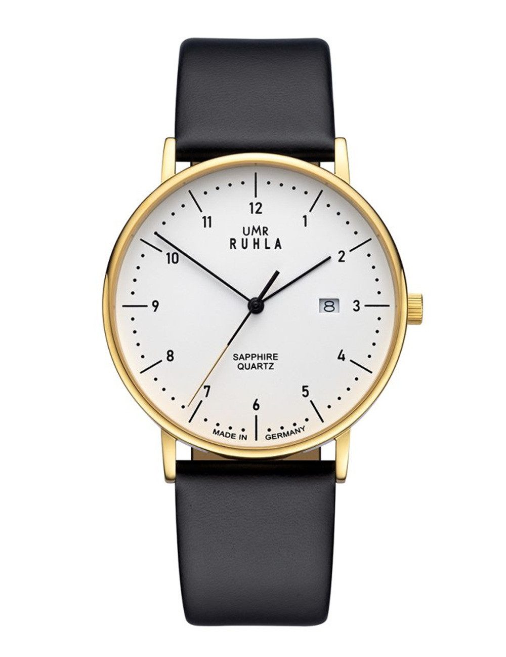 UMR Ruhla Quarzuhr 30442, Classic mit schwarzem Lederarmband - weißes Ziffernblatt, mit Datumsanzeige - goldfarbenes Gehäuse - Made in Germany