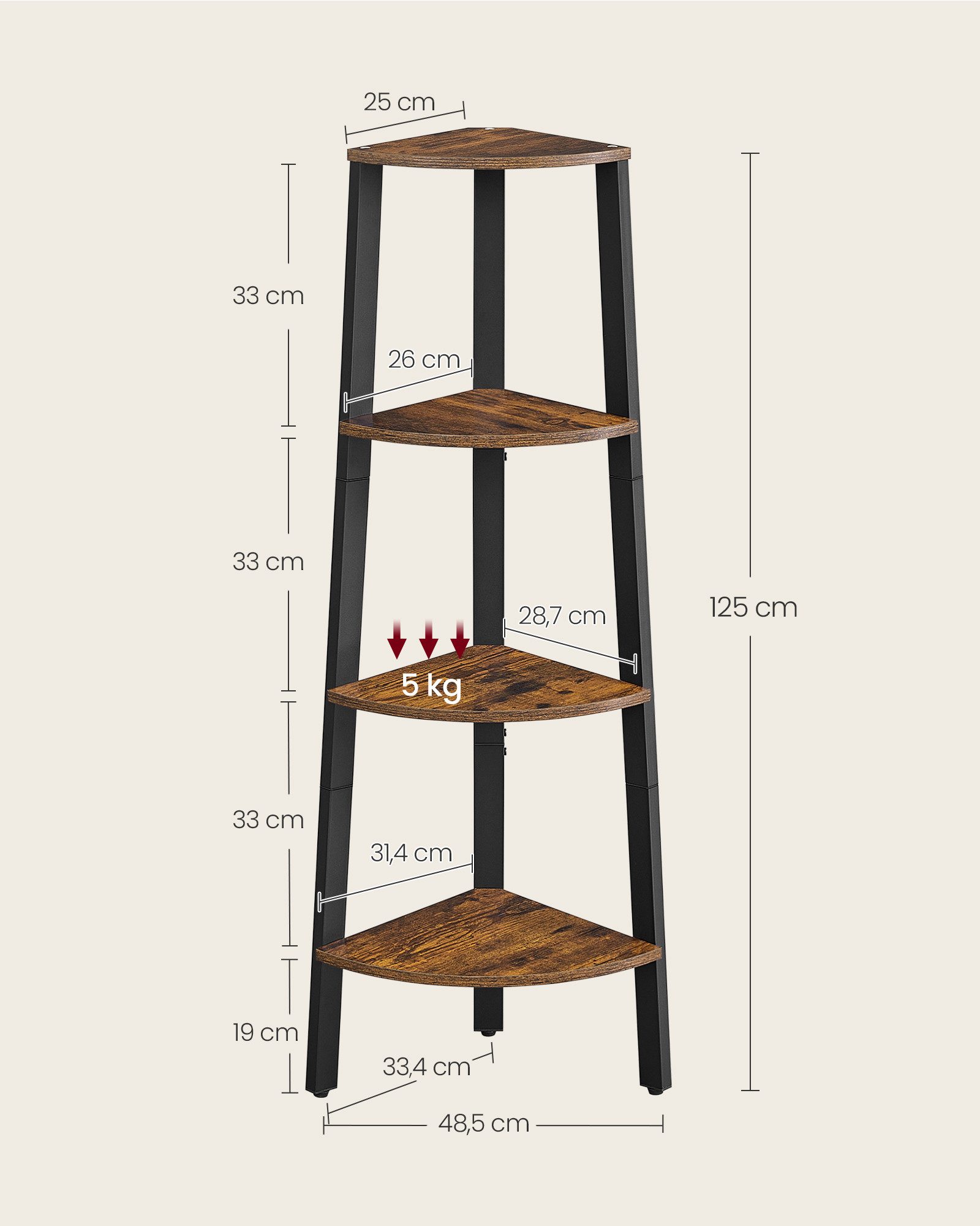 VASAGLE Eckregal, Bücherregal, mit 4/5 Ebenen, H: 125/159cm, mit Stahlrahmen