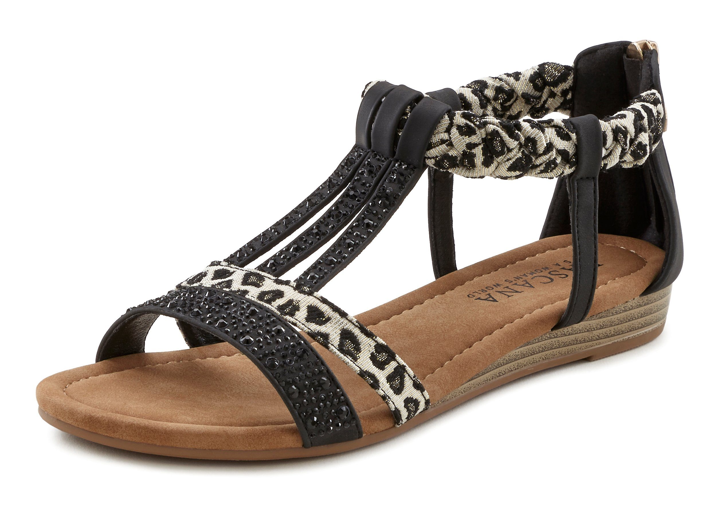 LASCANA Sandale Sandalette, Sommerschuh mit schwarz/leo und VEGAN kleinem Keilabsatz Verzierung