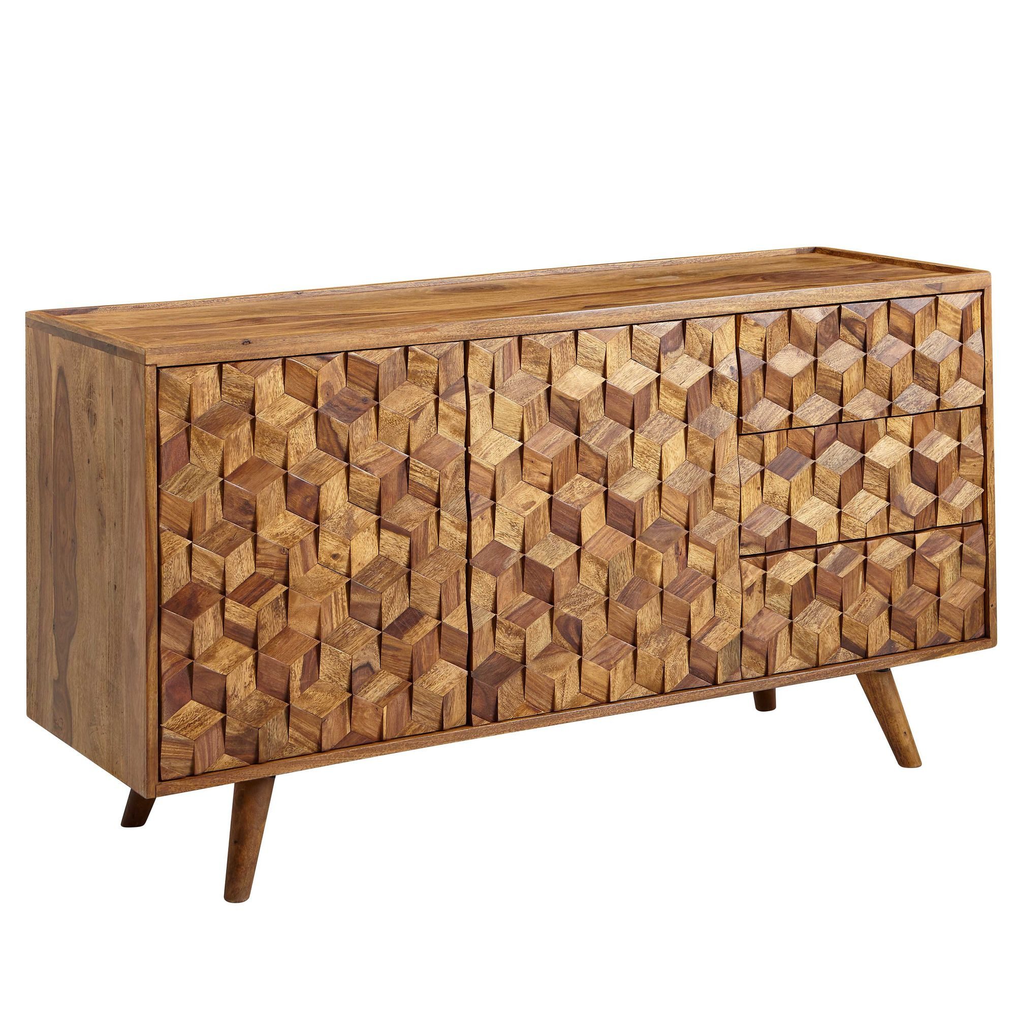 furnicato Sideboard Massivholz, Walnuss Finish 138x76x45 cm Braun (1 St), Anrichte mit Magnetstoppern und 3D-Front für dein Wohnzimmer