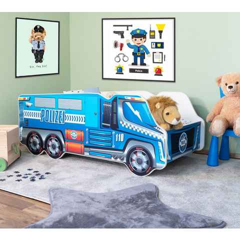 Alcube Autobett Racer TRUCK (Komplett-Set Bett mit Matratze und Lattenrost), Kinderbett 70x140 cm LKW Polizei Spielbett Autobett 70x140 cm