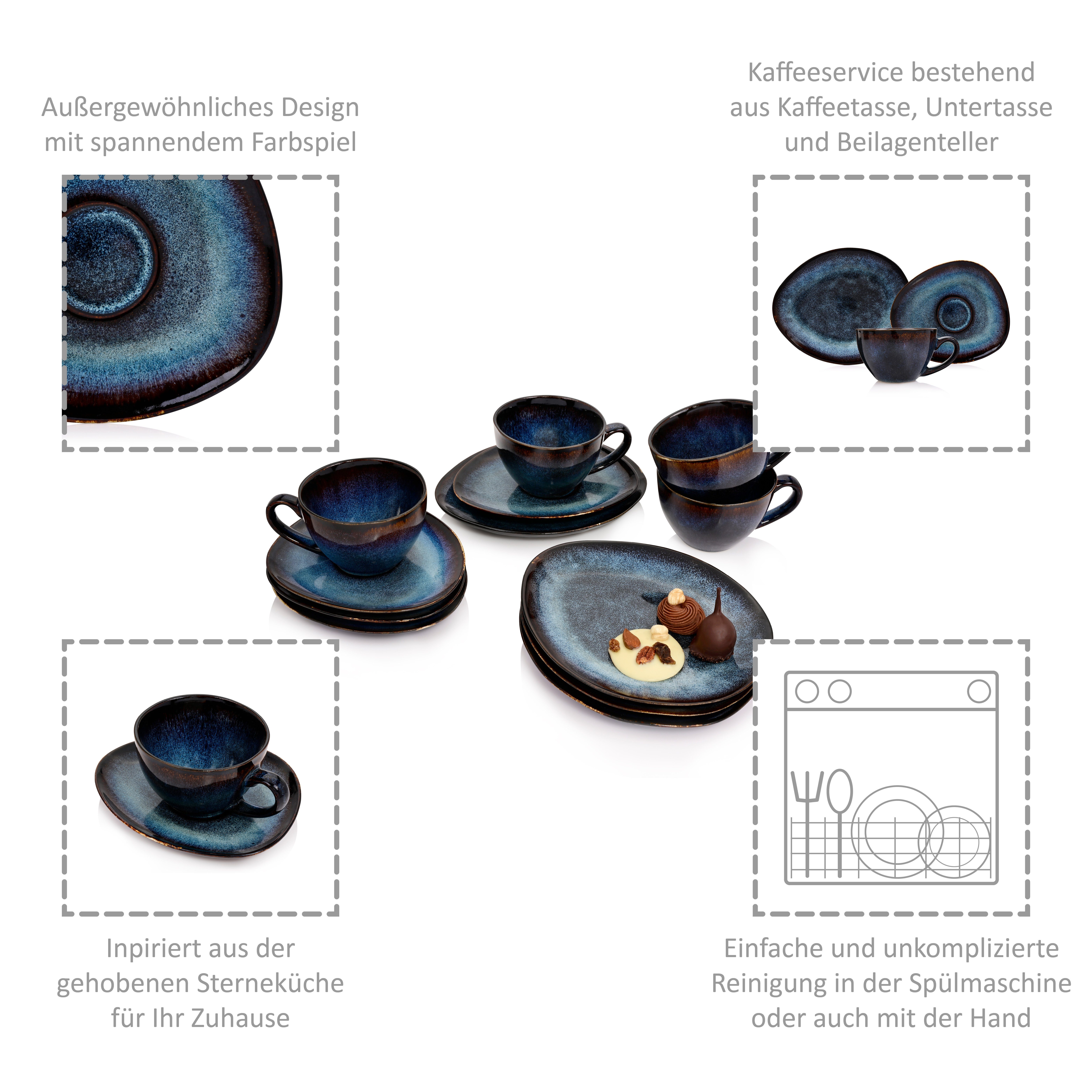 SÄNGER Kaffeeservice Tokio Kaffeetassen Set (12-tlg), 4 Personen, Steingut, Blau Schwarz, Handmade, Premium Collection