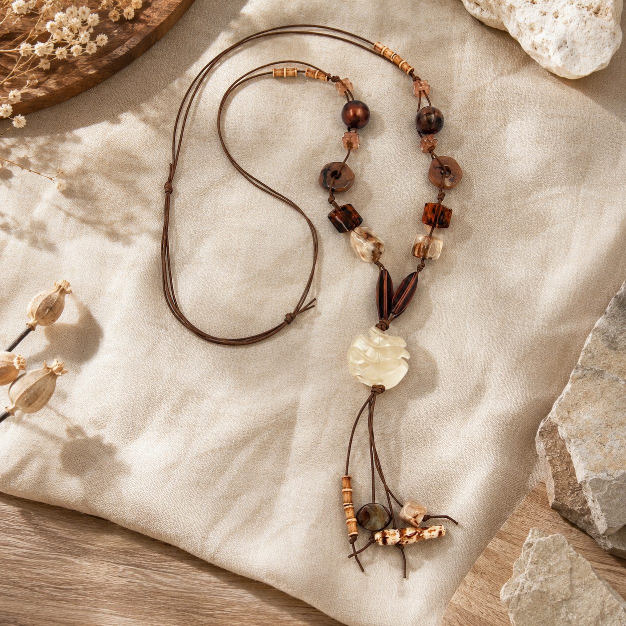 unbespielt Collier Kette Spiralperle beige-braun Kunststoffperlen Kordel 100 cm, Modeschmuck für Damen