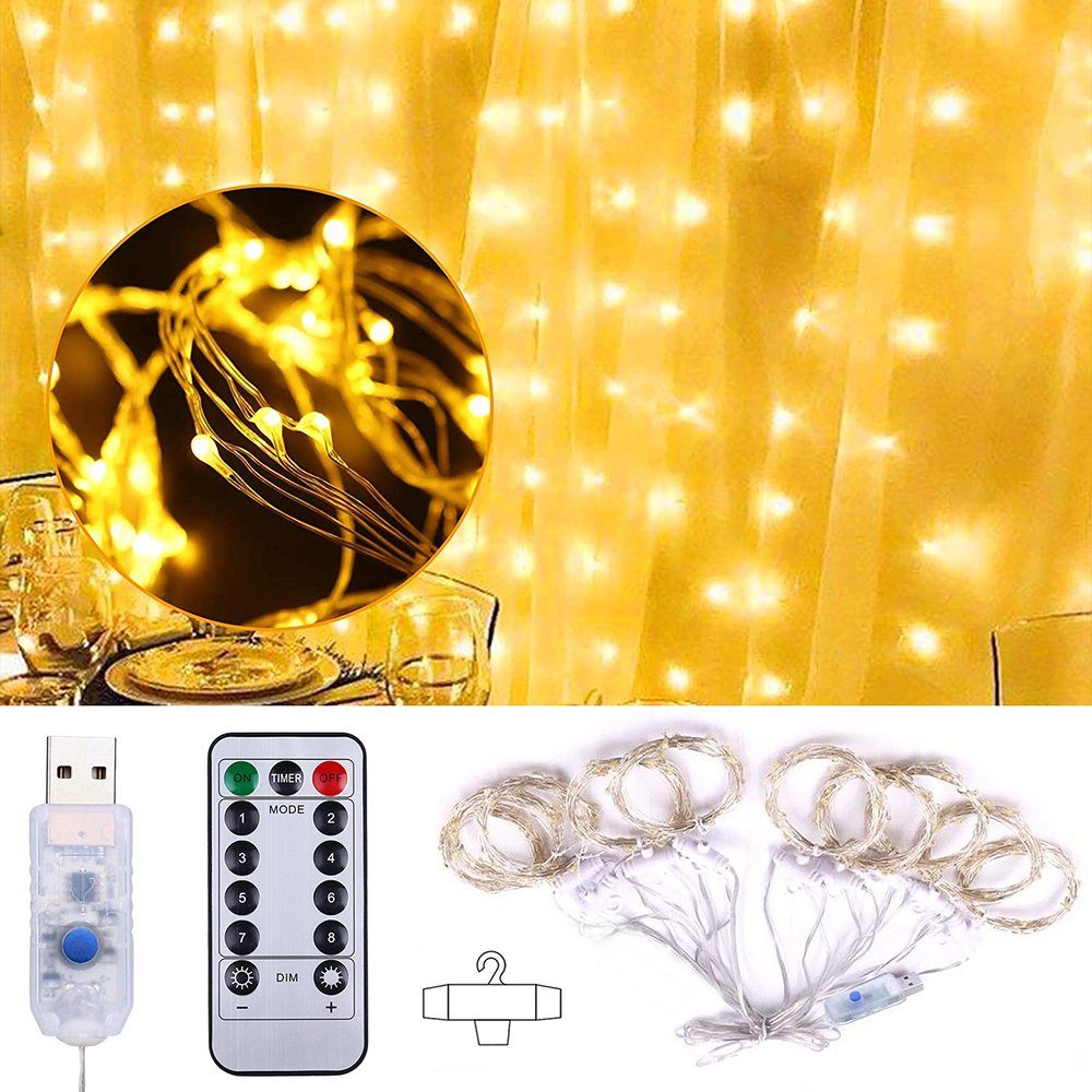 Sunicol LED-Lichtervorhang LED Wasserdicht, Warmweiß Lichternetz, Fenster Weihnachten Party Nachtlicht 300 Innen USB Lichterketten, Zimmer Vorhang für Dekoration, 3x3m Wand