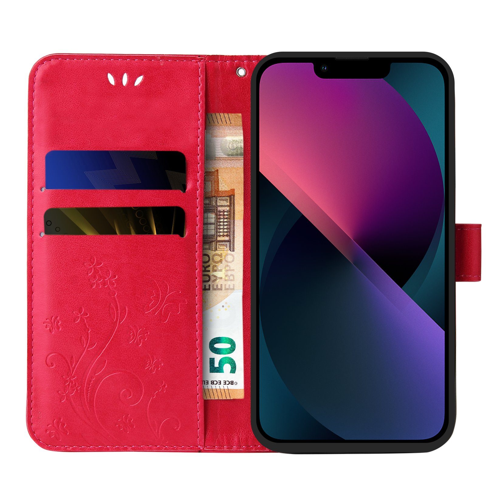 Tec-Expert Handyhülle Cover Tasche Hülle für Apple iPhone 13 6,1 Zoll, Klapphülle Case mit Kartenfach Fliphülle aufstellbar, Motiv Blumen