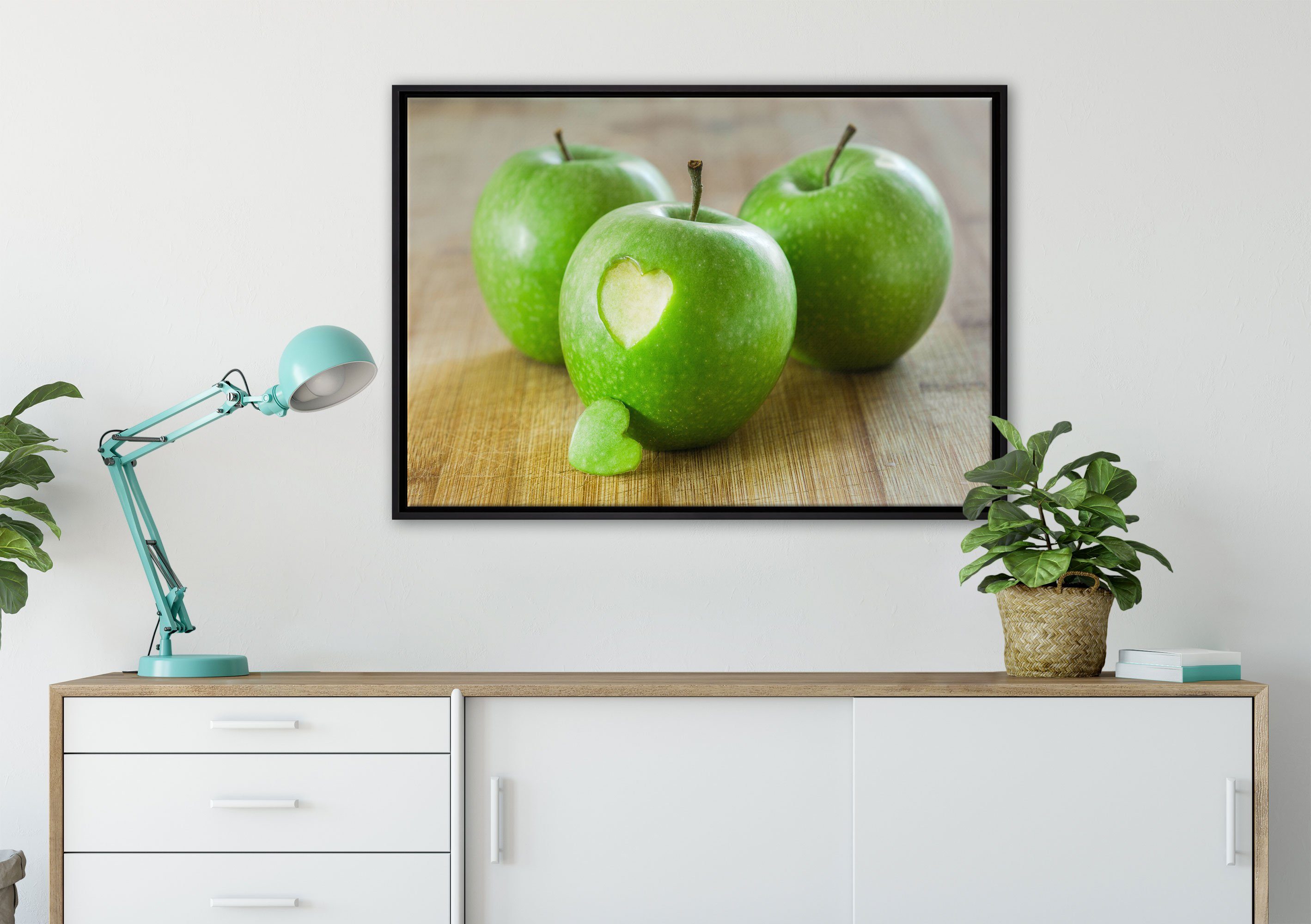 Herzchen Pixxprint St), Apfel, gefasst, fertig im Wanddekoration in einem inkl. Leinwandbild (1 bespannt, Schattenfugen-Bilderrahmen Leinwandbild ein Zackenaufhänger