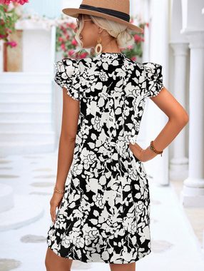 ZWY Dirndl Damen-Kleid mit V-Ausschnitt, bedruckt, Rüschen, Spitze, kurzärmeliger Ausschnitt, Krawatte, A-Linien-Kleid für Frühling und Sommer
