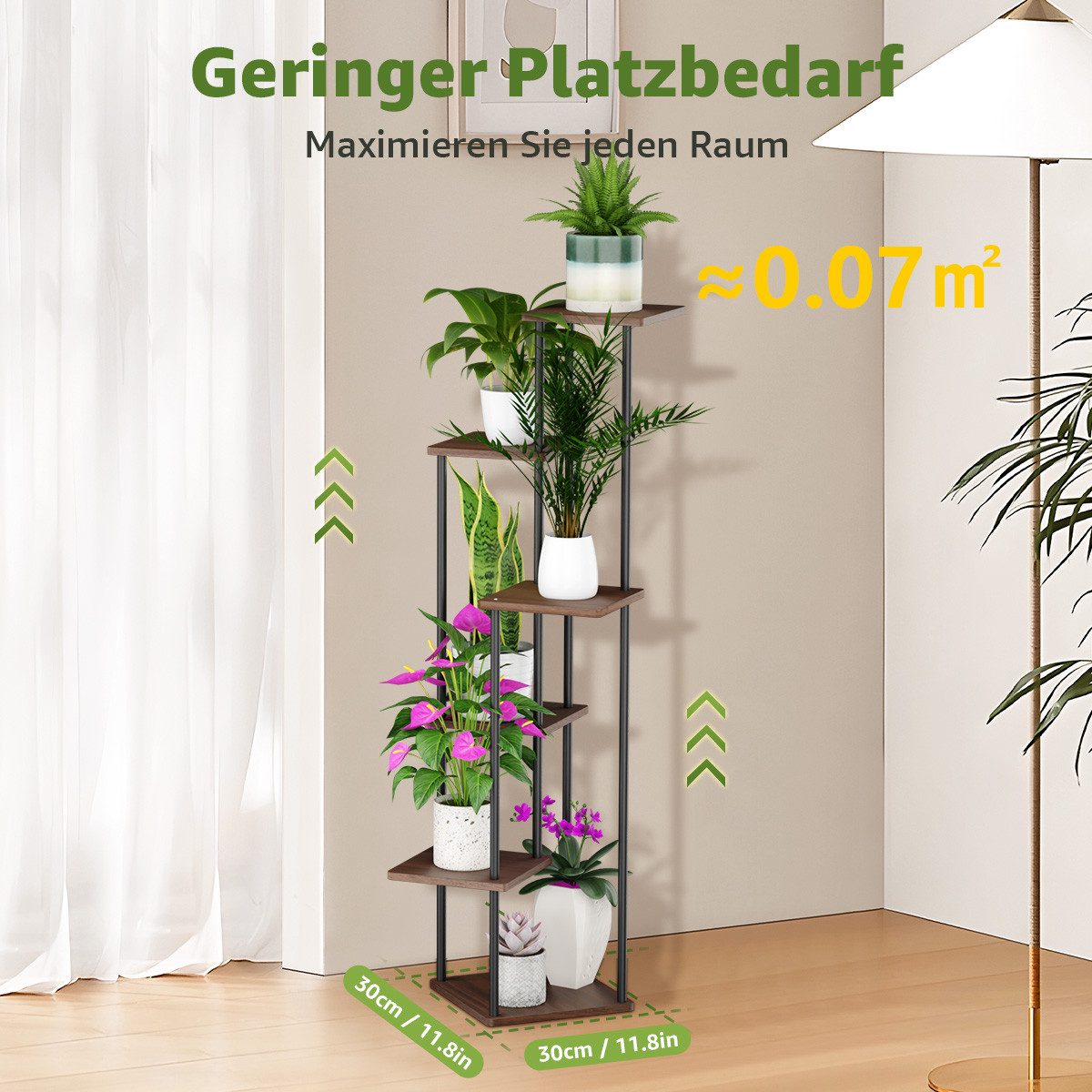 Simloveve Blumenständer Pflanzenständer indoor 6 Etagen Pflanzenregal Blumentreppe (Metall Holz), Balkon Deko Schlafzimmer Blumentopf Zimmerpflanzen Pflanztisch