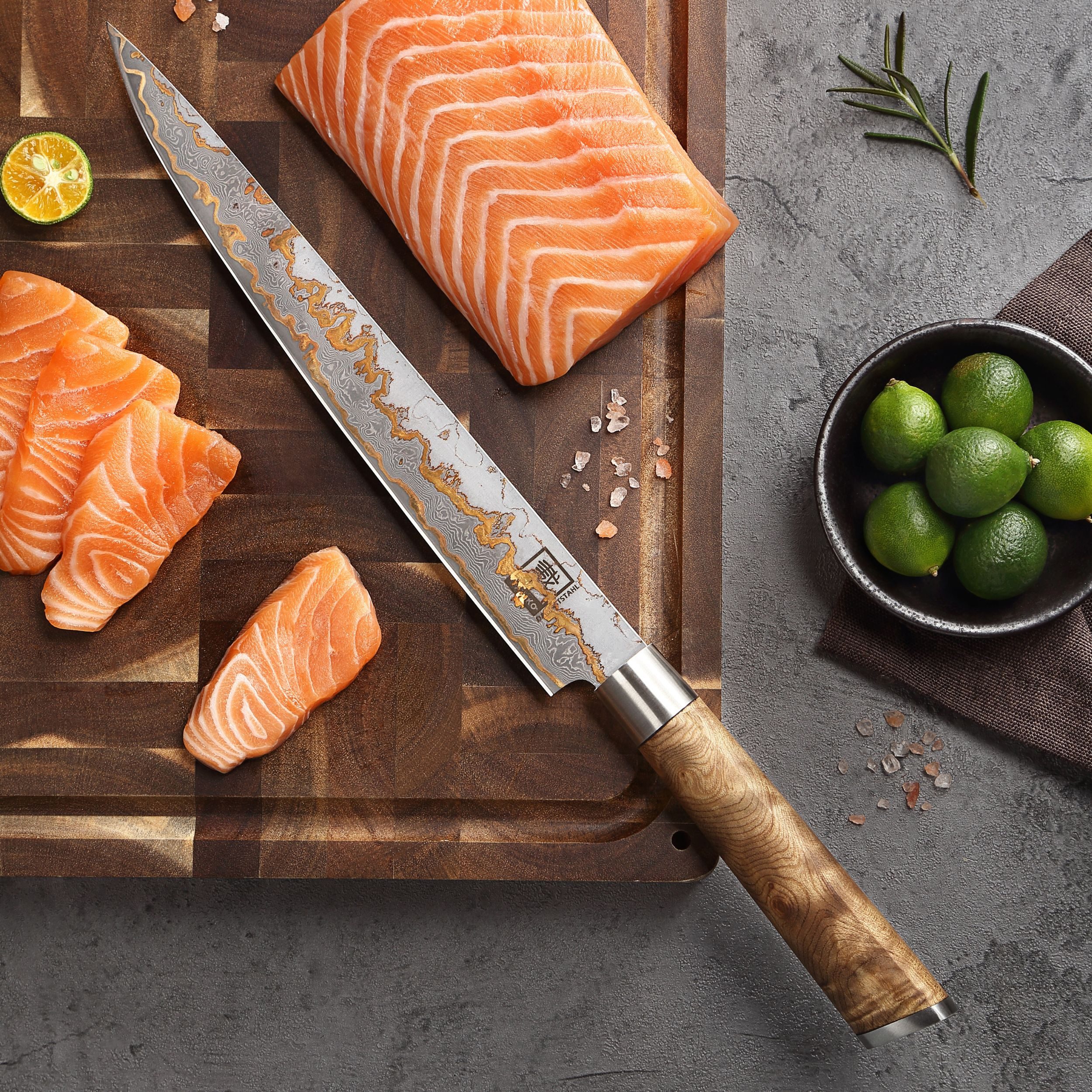 ZAYIKO Asiamesser MysticMagma Sashimi Küchenmesser 25cm Kupfer-Bronze-Damastklinge, Damaststahl, Kupfer-Bronze-Einlage