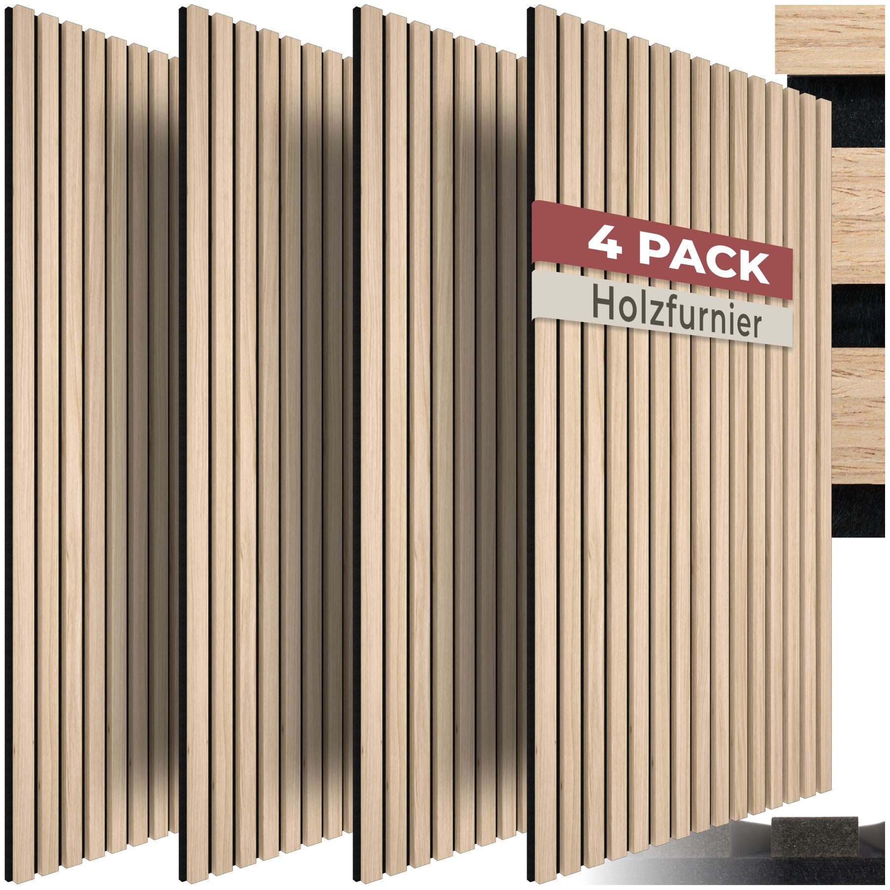 tectake Wandpaneel Akustikpaneele aus MDF und Echtholzfurnier, je 110 x 50 x 1,1 cm, BxL: 50x110 cm, (Holzpaneele Sonic Wall IV, 4-tlg., Holzoptik in Eiche hell) schallabsorbierender Filz, einfache Montage mit Kleber oder Schrauben
