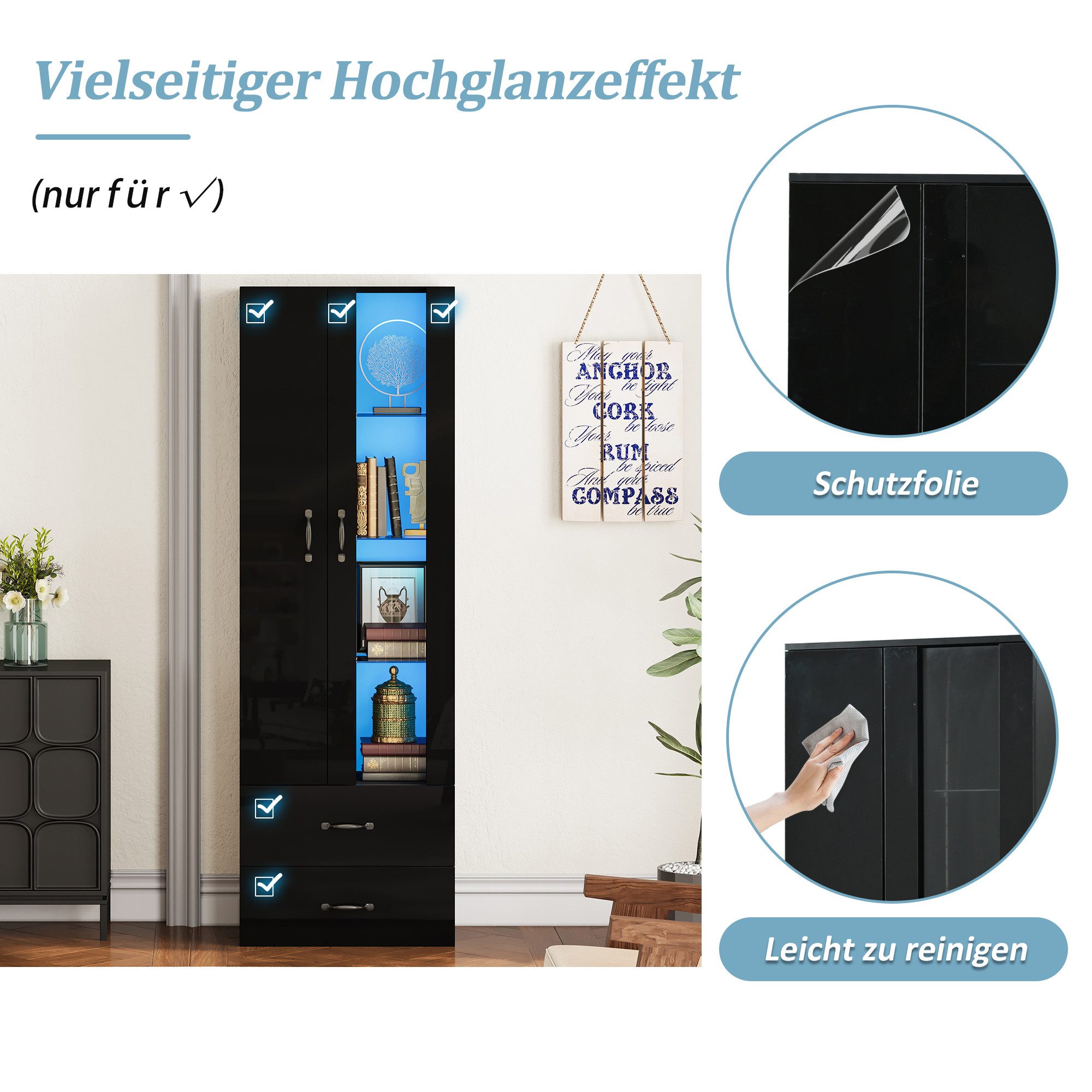 Merax Vitrine Standvitrine mit LED-Beleuchtung und Stauraum (1-St) Standregal Wohnzimmerschrank mit Acryl-Glastür & 2 Türen,60x35x182,5cm – Bild 4 von 5