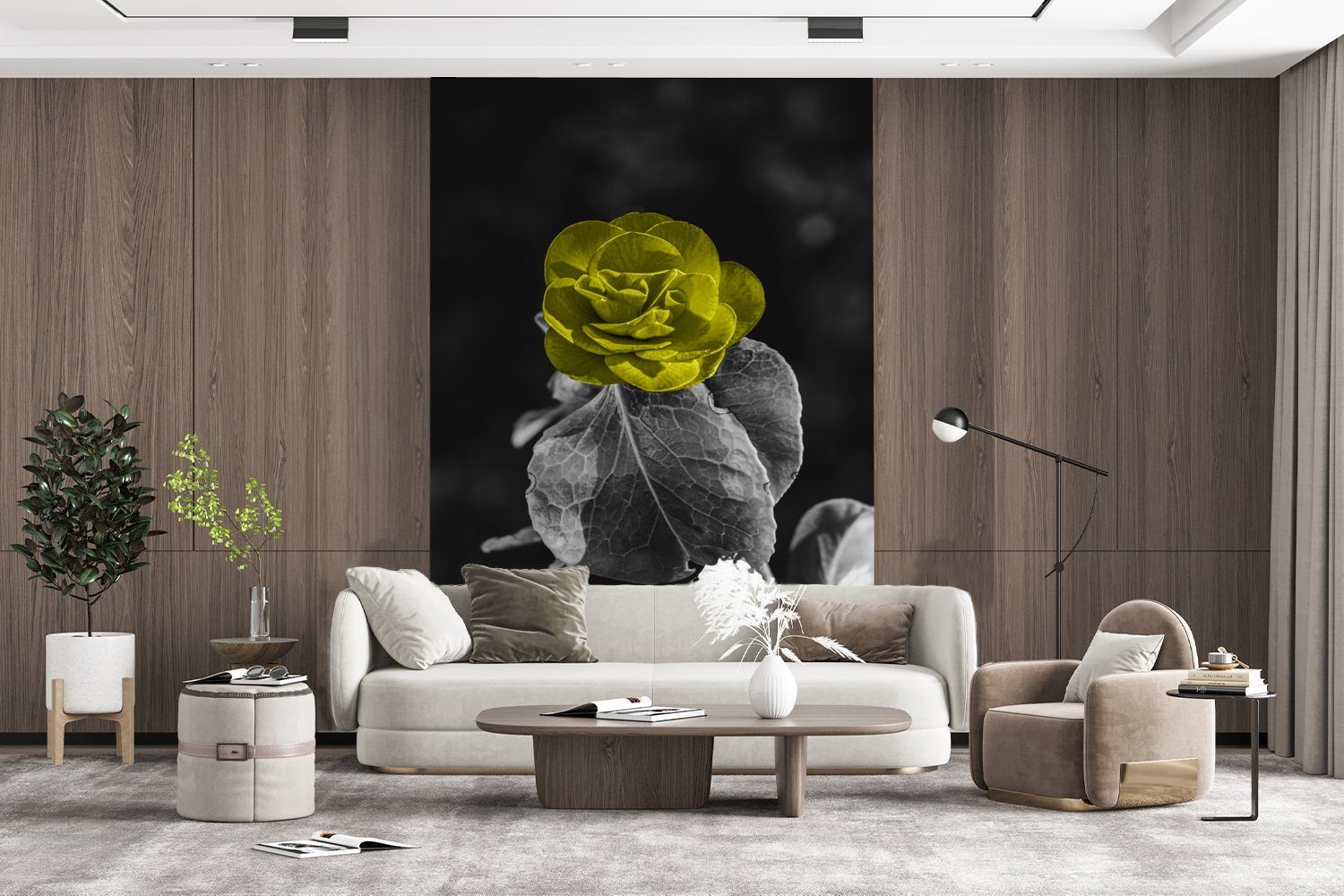 (3 Schwarz bedruckt, - Matt, für Tapete MuchoWow Blumen Montagefertig St), - Wohnzimmer, Gelb Wandtapete - Weiß, Rose Vinyl Fototapete -