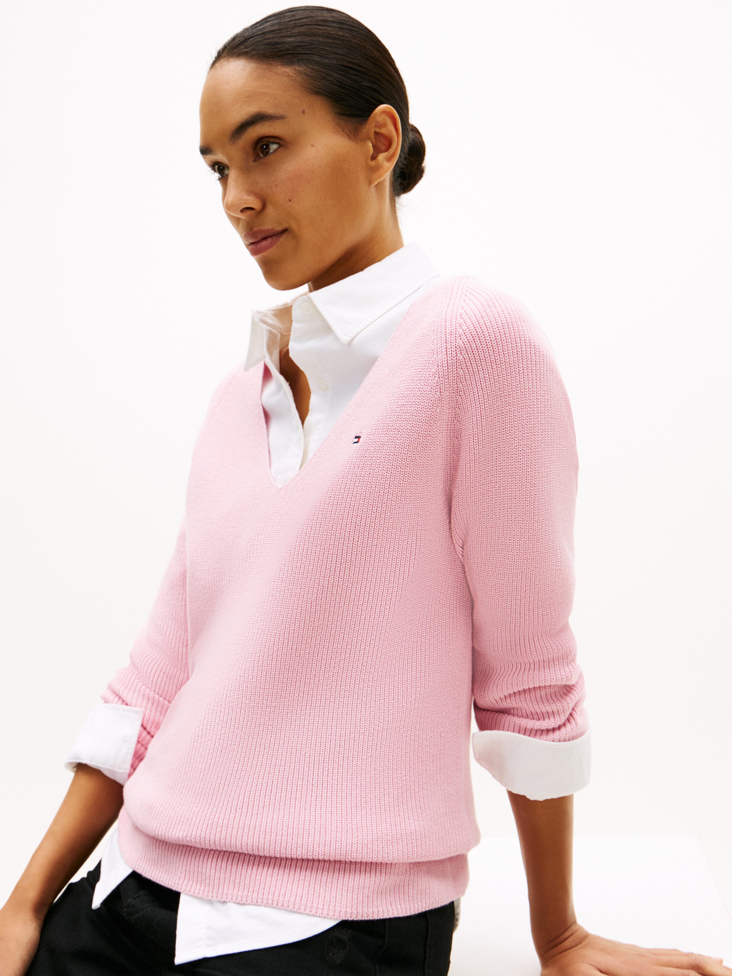 Tommy Hilfiger Strickpullover CO CARDI STITCH V-NK LS mit Logostickerei