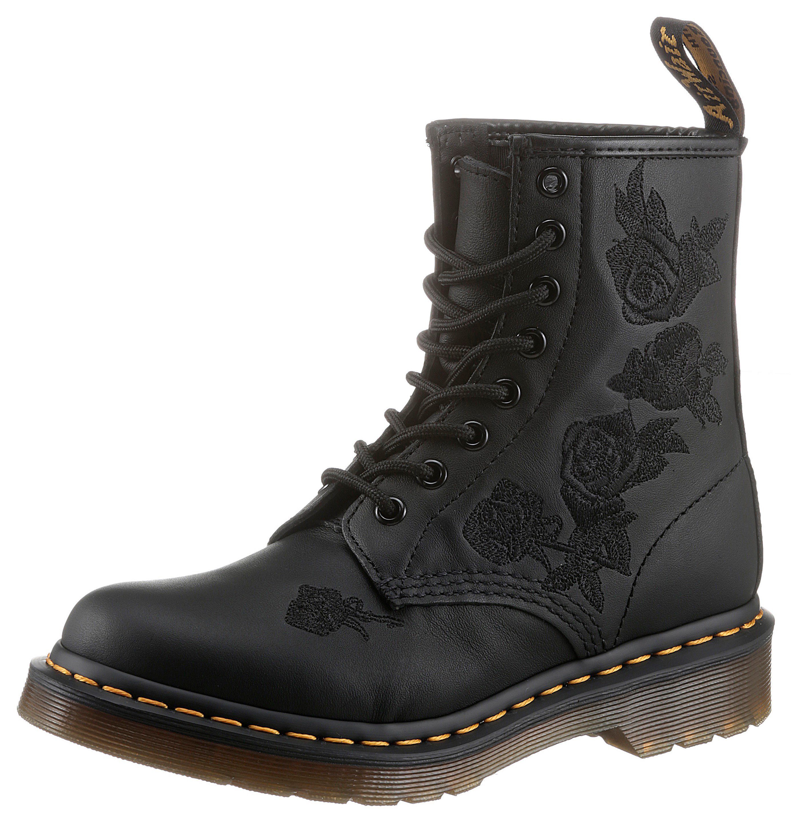 DR. MARTENS Vonda Mon 8-Eye Boot Schnürboots, Schnürschuh, Stiefelette mit monochromer Rosen-Stickerei