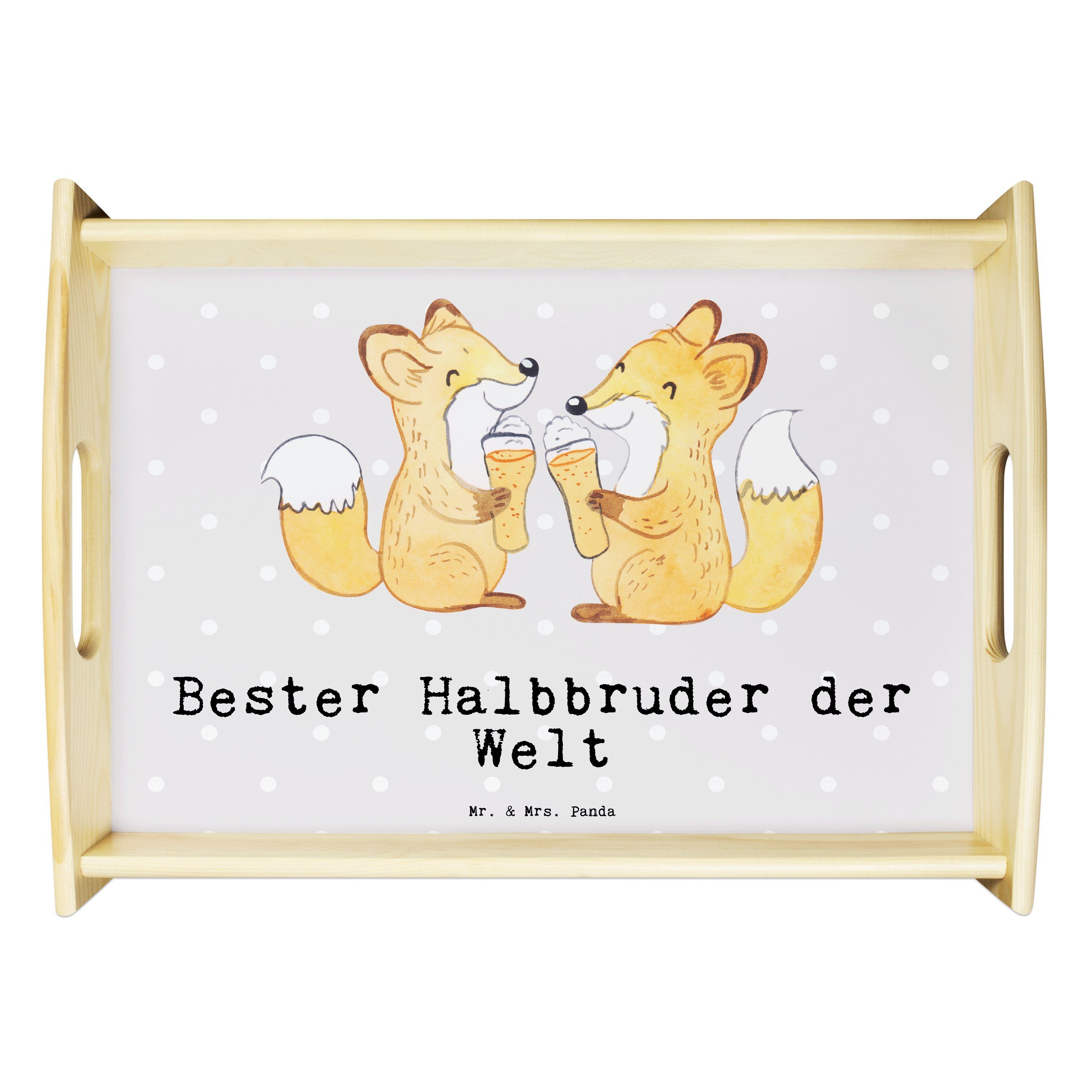 Mr. & Mrs. Panda Tablett Fuchs Bester Halbbruder der Welt - Grau Pastell - Geschenk, Frühstück, Echtholz lasiert, (1-tlg)