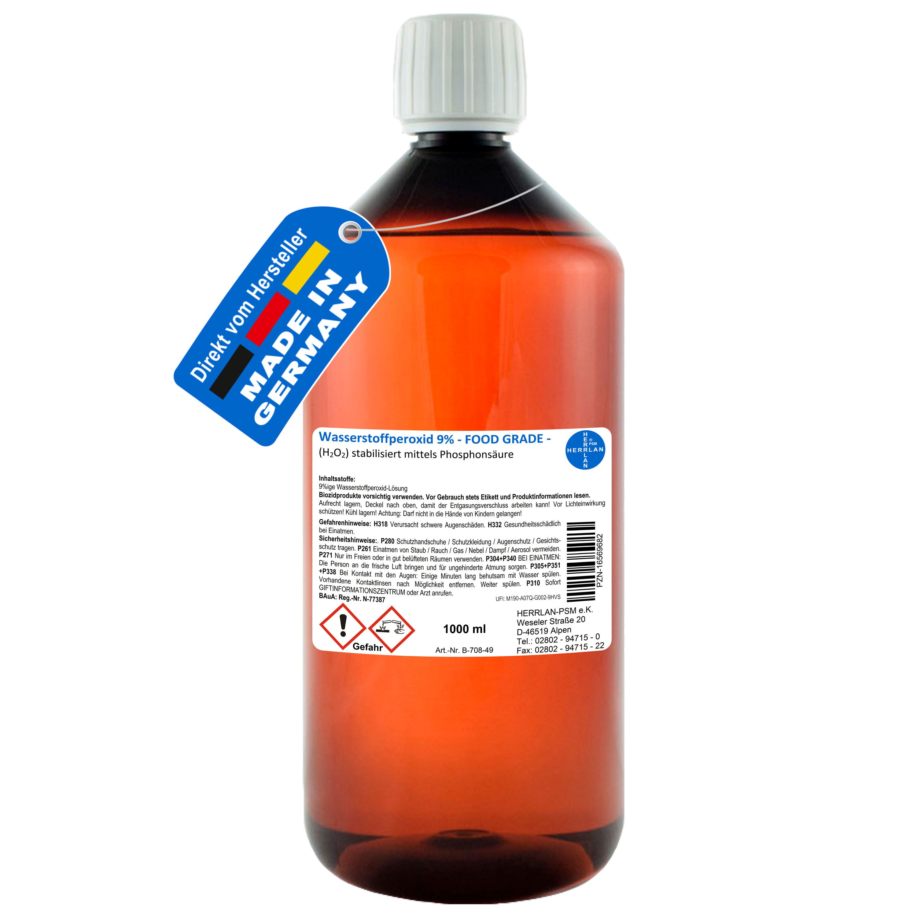 HERRLAN Wasserstoffperoxid 9% FOOD GRADE I HERRLAN-Qualität Bleichmittel (1 Liter)