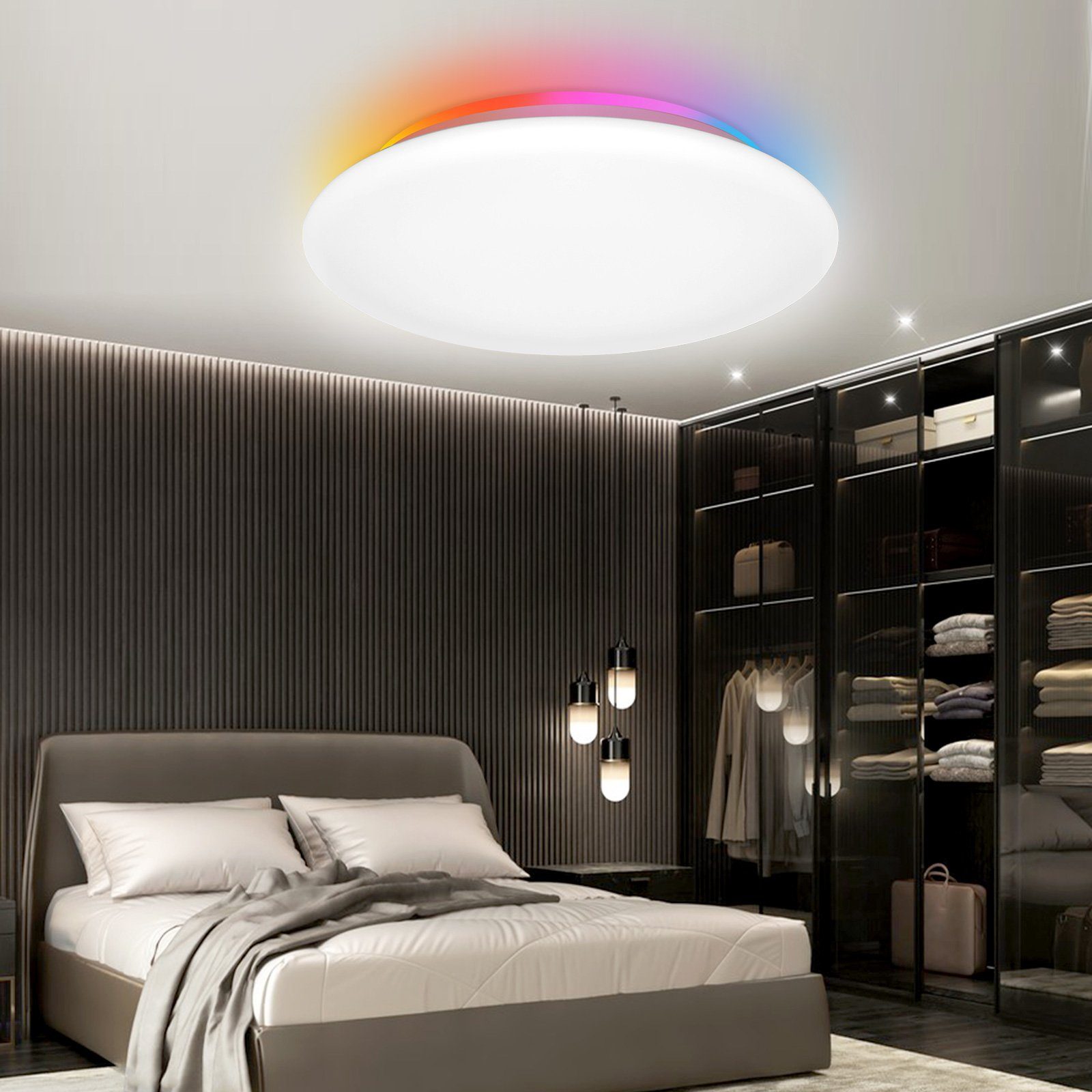 Rosnek LED Deckenleuchte Smart, Flush Mount, 28W, dimmbar, RGB, für Schlafzimmer Wohnzimmer, RGB-Vollfarbe (16 Millionen Arten der Farbeinstellung) + CCT-Farbtemperatur (2700K-6500K), Fernbedienung/Sprachsteuerung