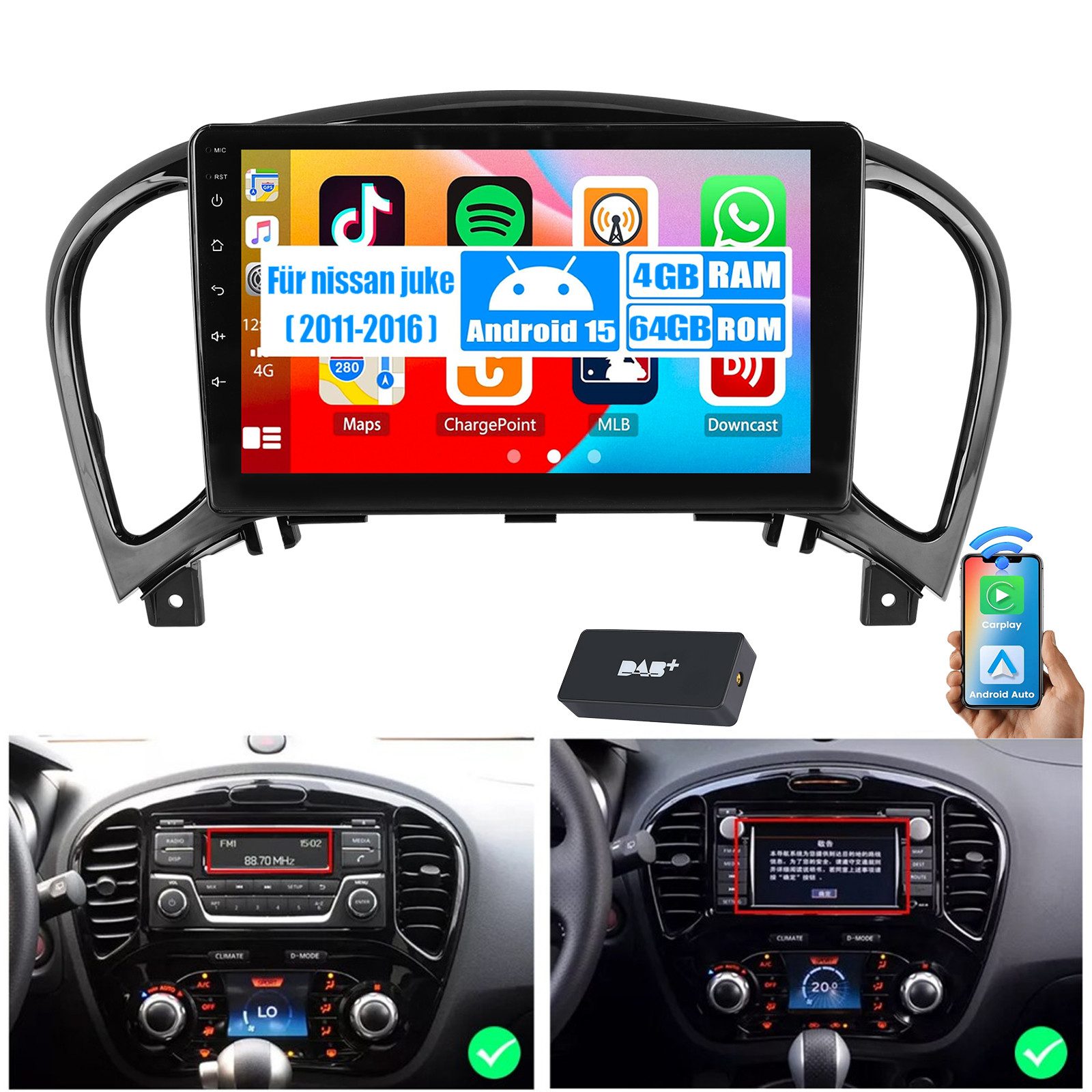 ESSGOO DAB+ Carplay Android 15 Autoradio Für NissanJuke 2011-2016 GPS FM Autoradio (RDS, 4+64GB(optional), Digitalradio (DAB), FM, SWC, Carplay Android Auto Bluetooth EQ USB GPS Navi WIFI Touchscreen)